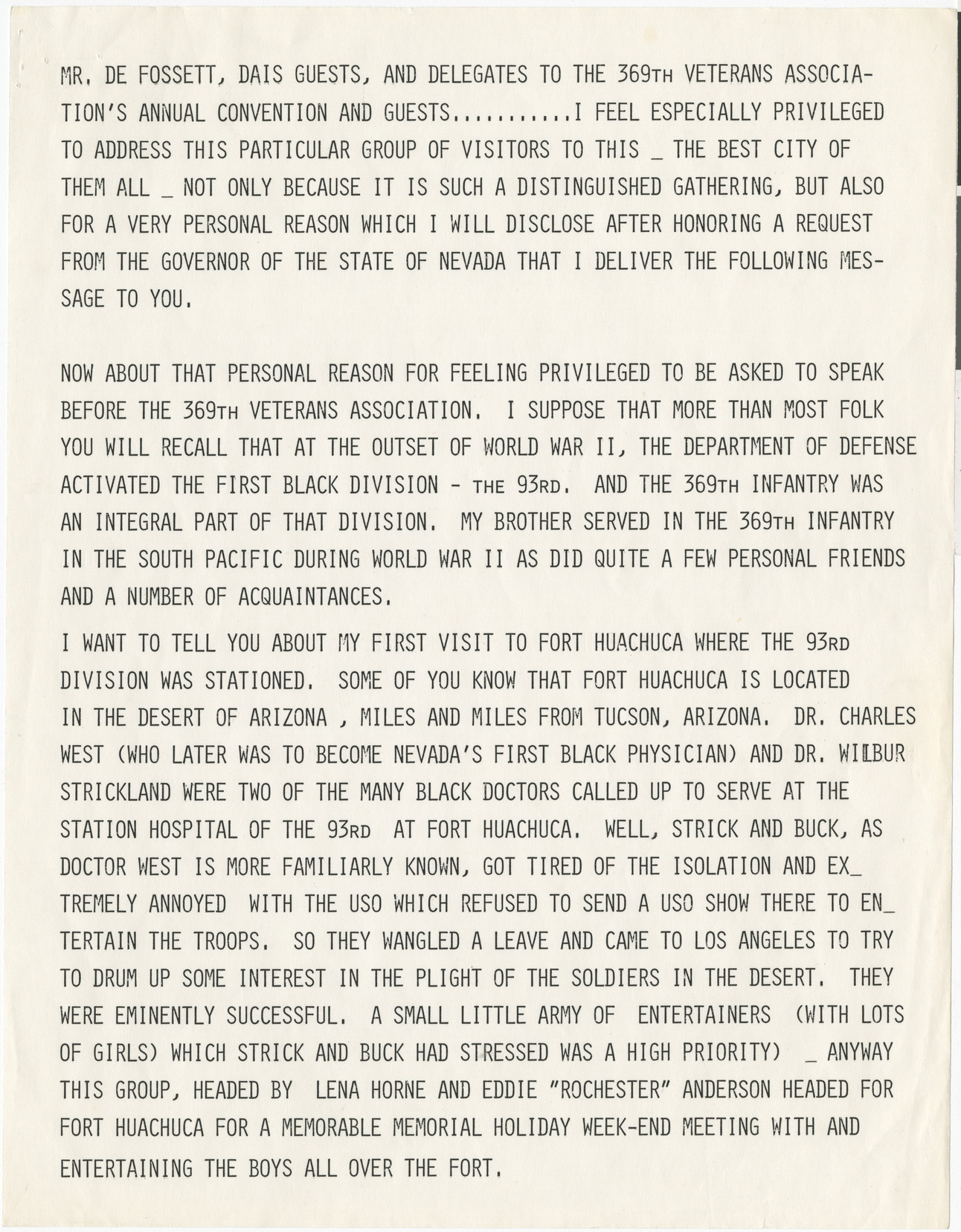 Speech transcript delivered to the 369th Veterans Association, 1983
