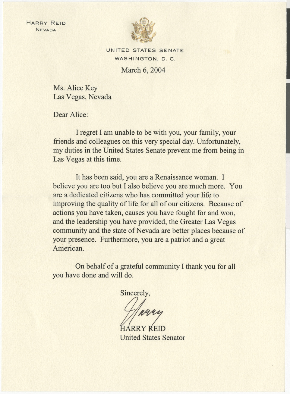 Letter from Senator Harry Reid to Alice Key, March 6, 2004