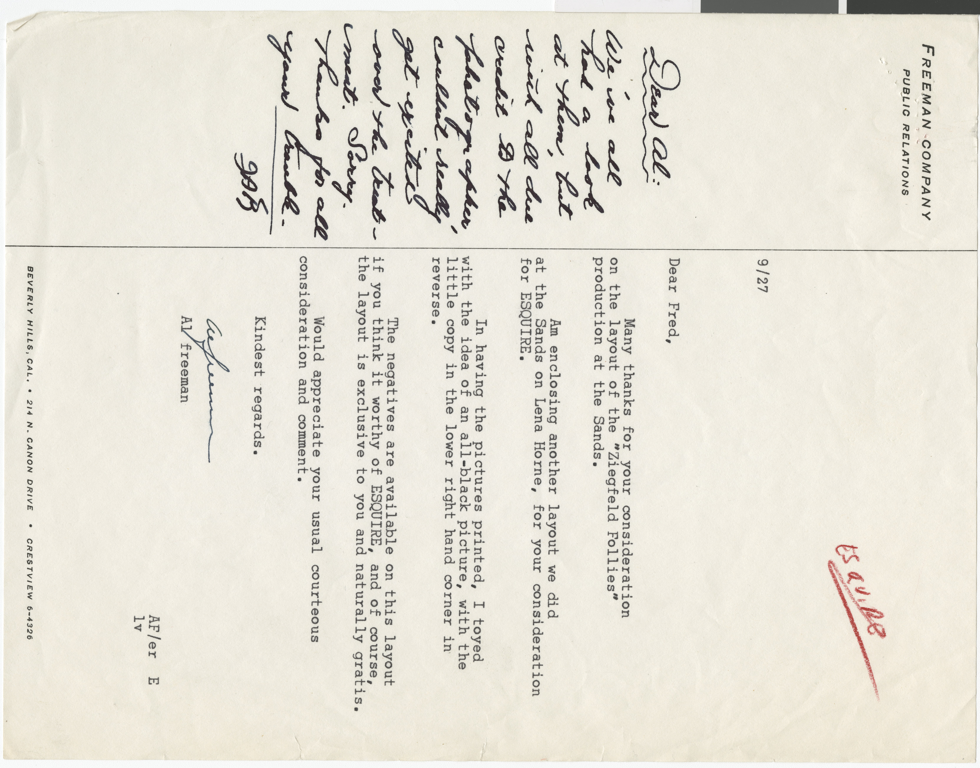 Correspondence from Al Freeman to "Fred" at Esquire magazine regarding a layout featuring Lena Horne, September 27 [1954?]