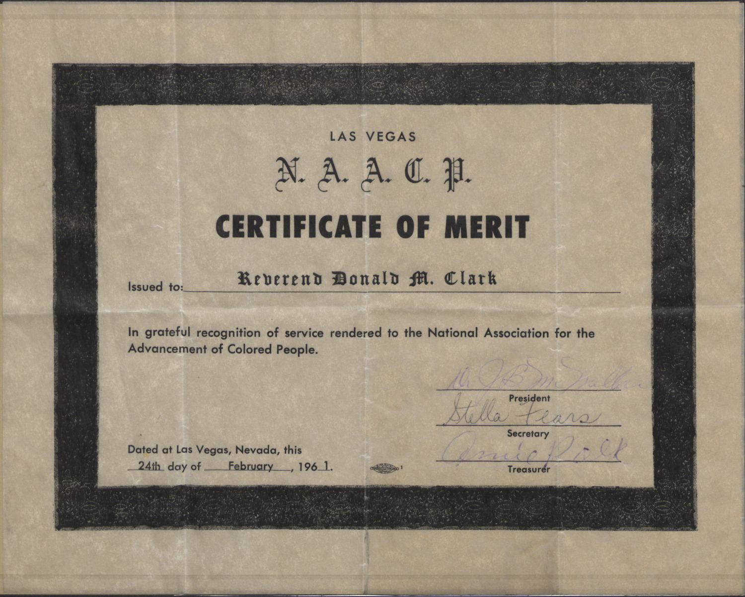 Certificate of Merit issued to Rev. Donald M. Clark on February 24, 1961