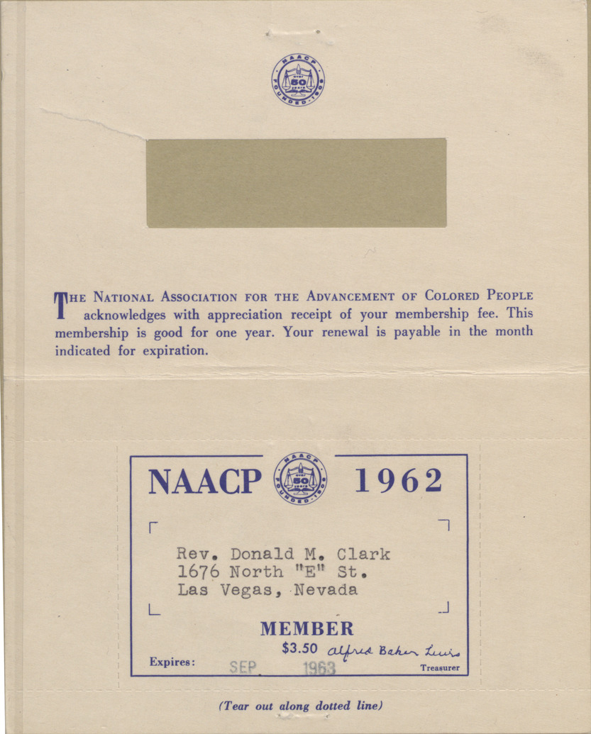Rev. Donald M. Clark's NAACP Membership fee receipt issued in 1962