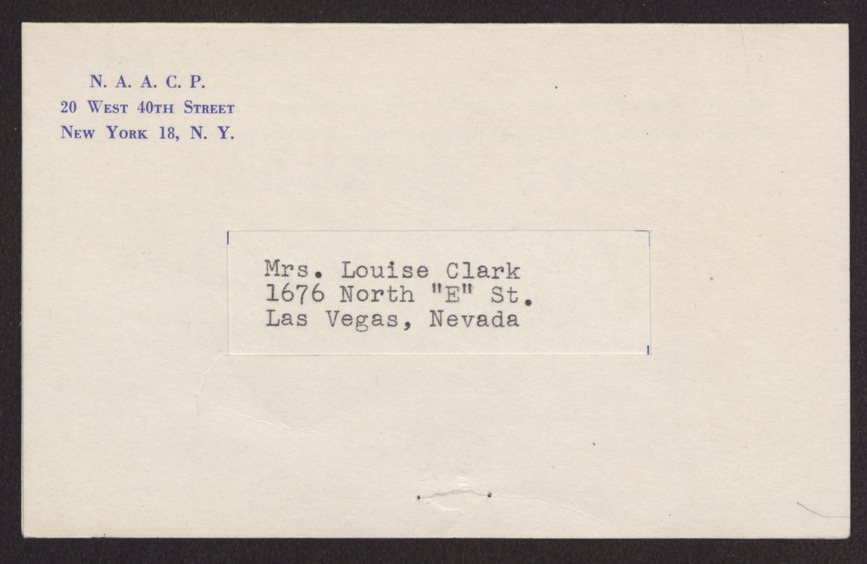 Information card from the NAACP to Mrs. Louise Clark, no date