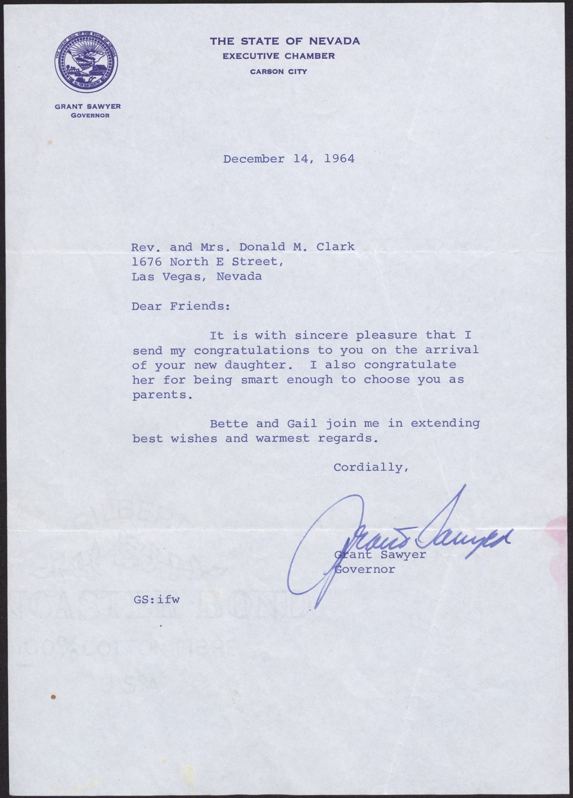 Letter to Rev. and Mrs. Donald M. Clark from Governor Grant Sawyer, December 14, 1964