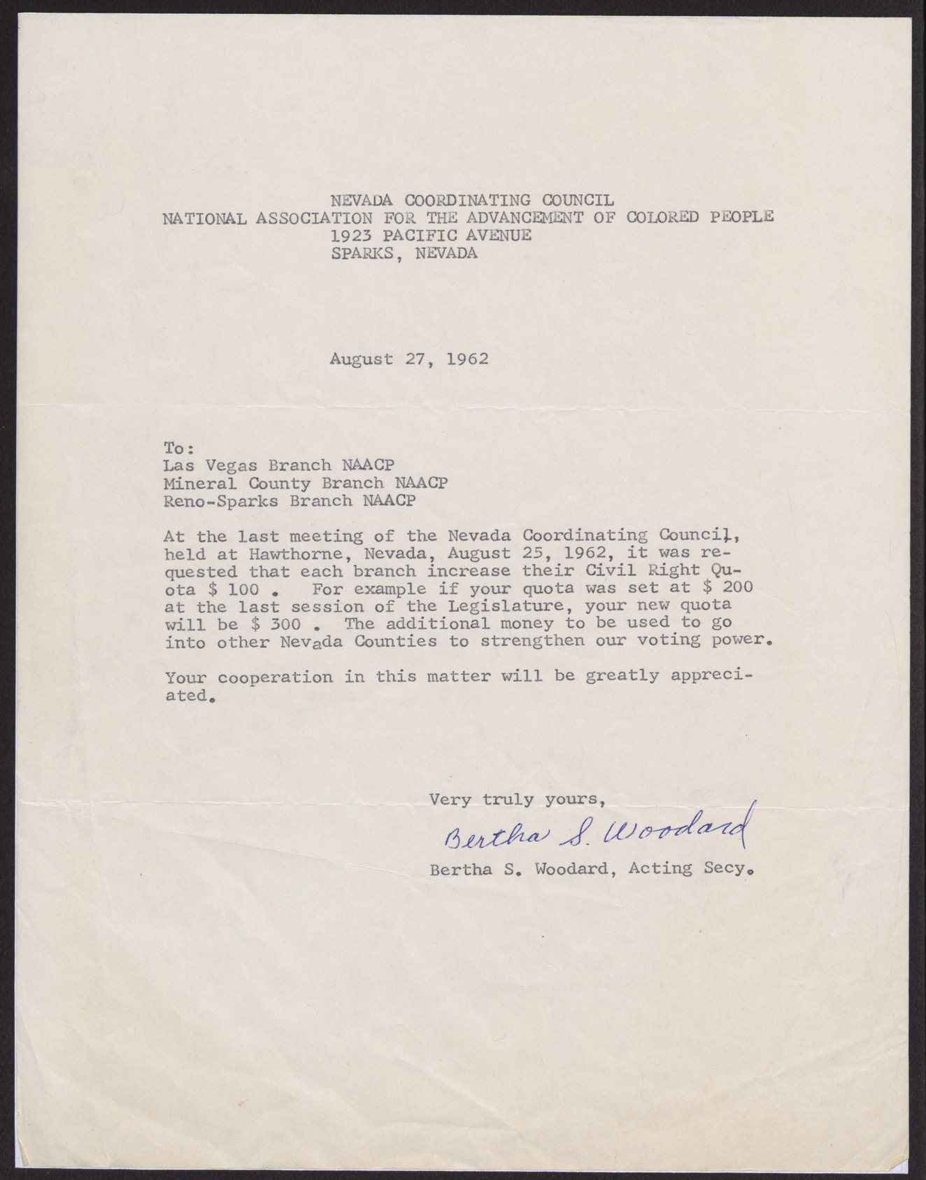 Letter to the NAACP Las Vegas Branch from the Reno-Sparks NAACP branch, August 27, 1962