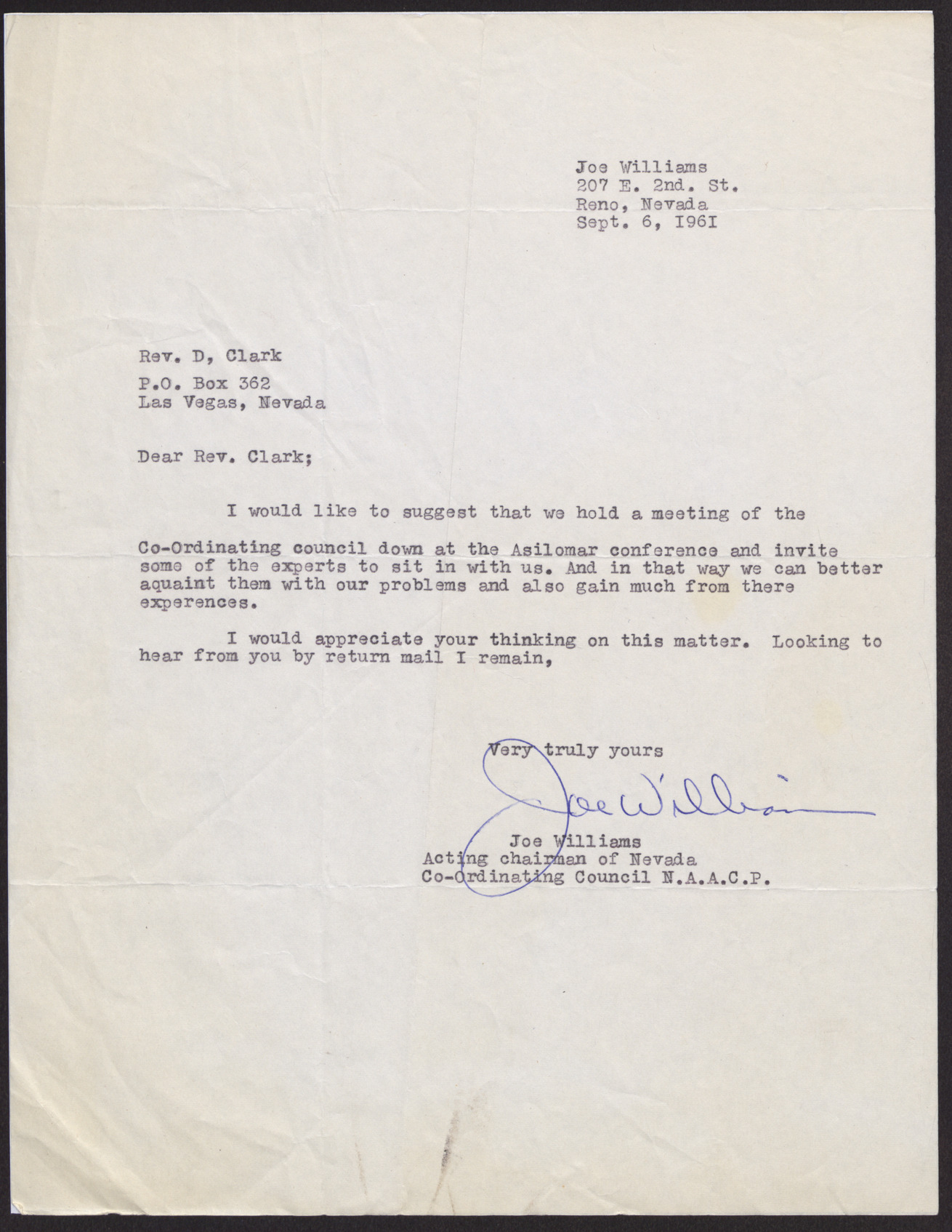 Letter to Donald Clark from Joe Williams, September 6, 1961