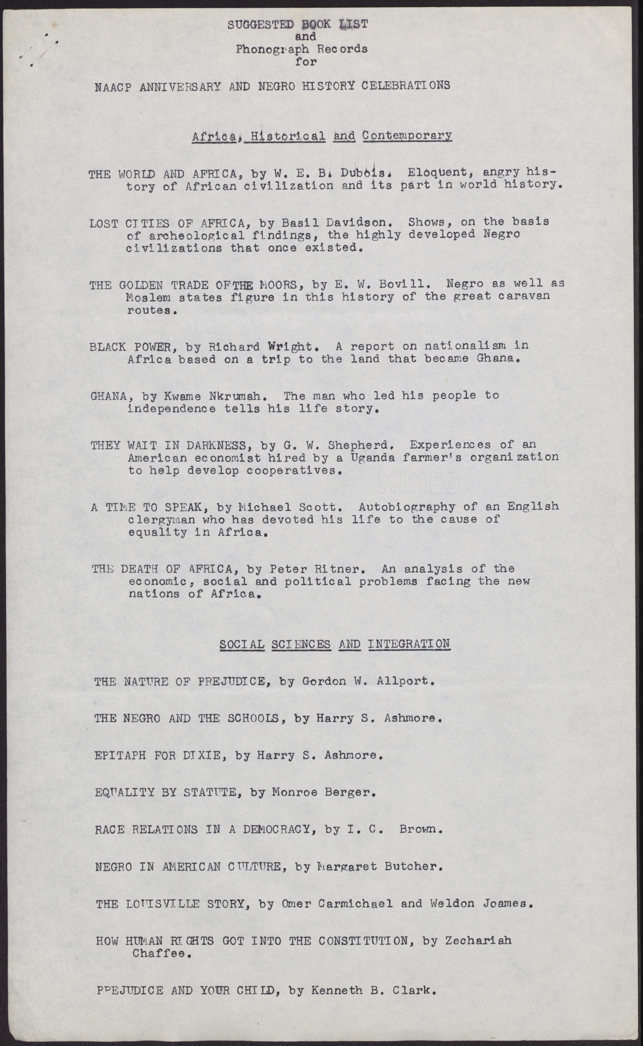 Suggested book list and phonograph records for the NAACP Anniversary and Negro History Celebrations (4 pages), no date