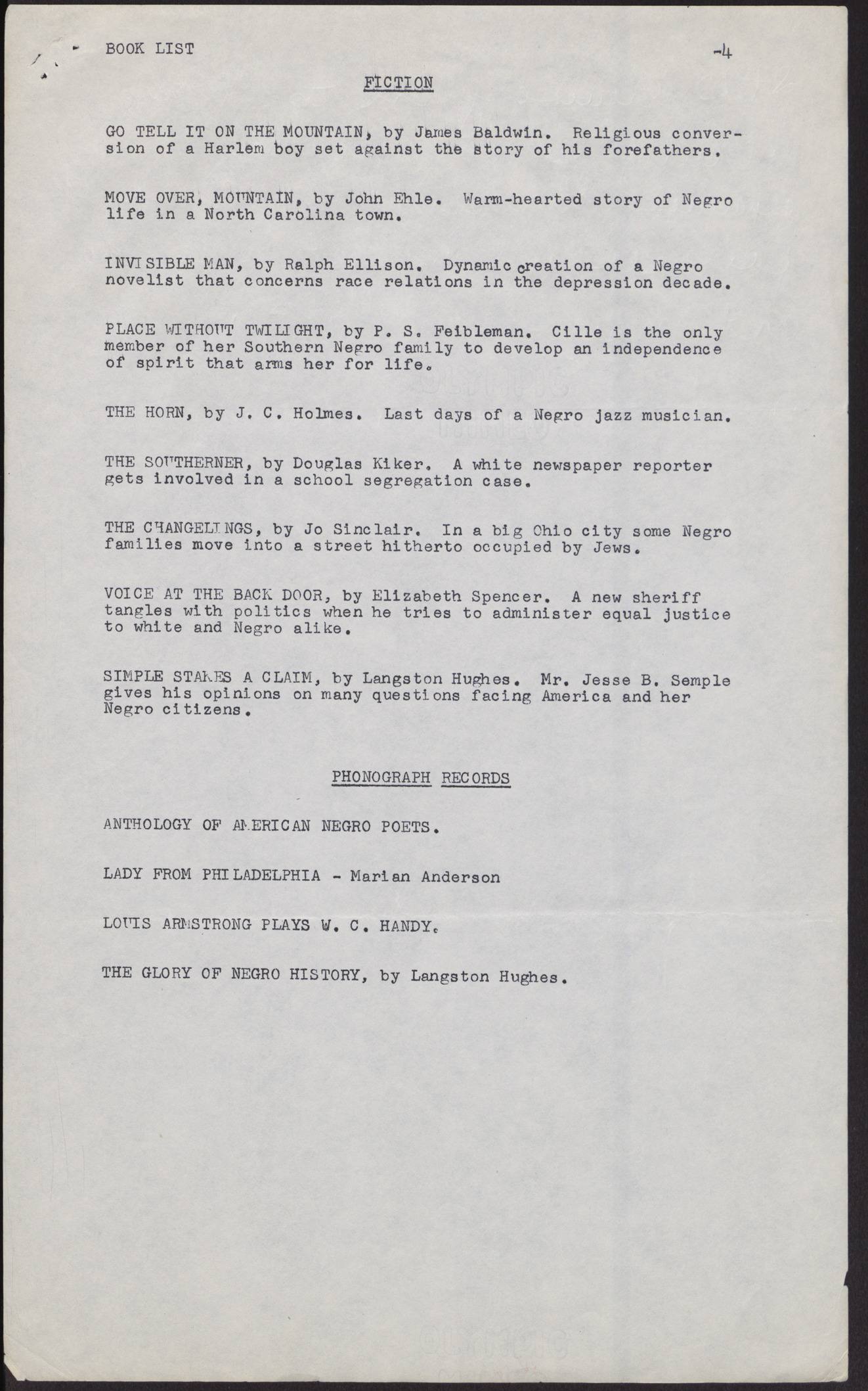 Suggested book list and phonograph records for the NAACP Anniversary and Negro History Celebrations (4 pages), no date, page 4