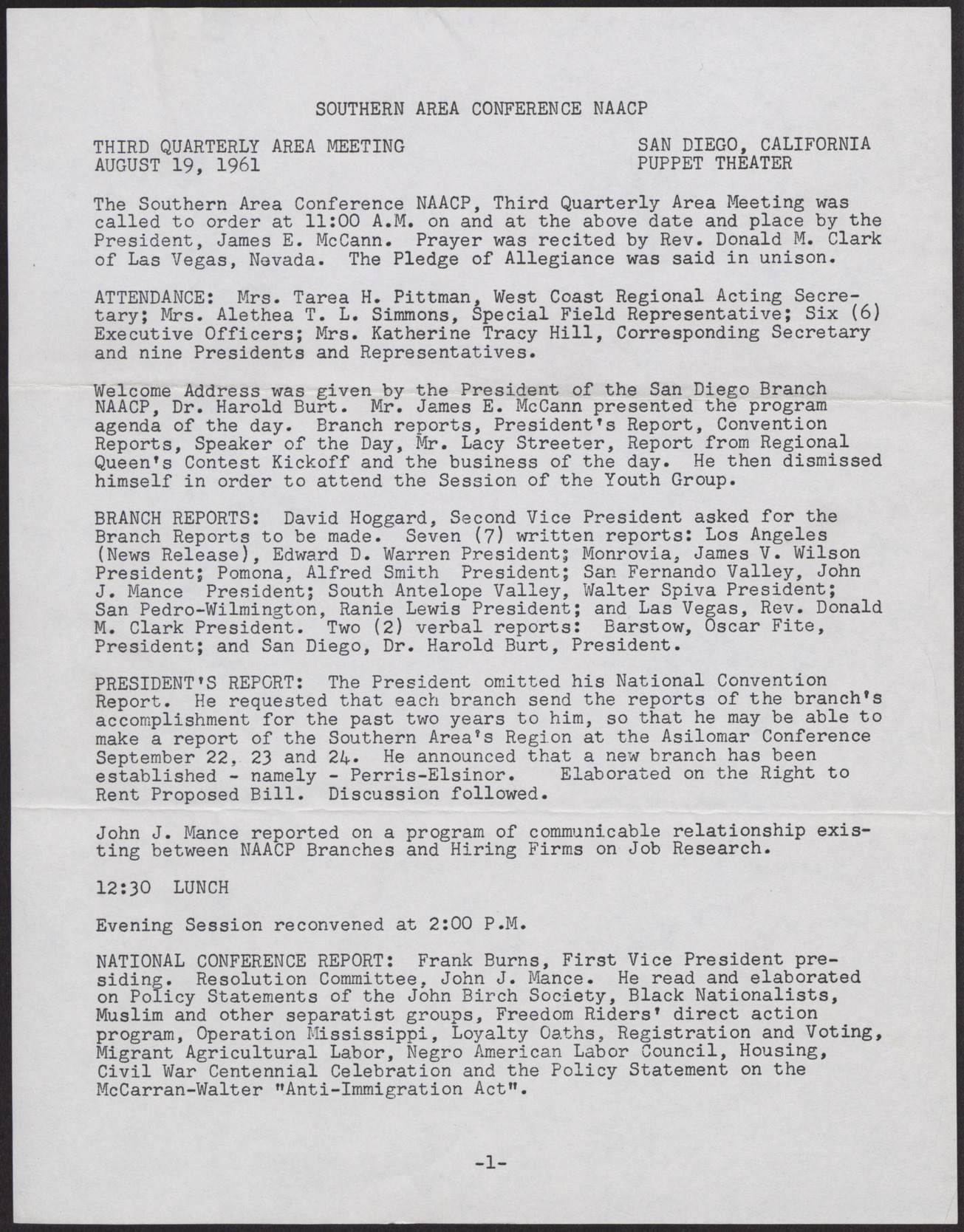 Minutes of the NAACP Third Quarterly Area Meeting of the Southern Area Conference (2 pages), August 19, 1961