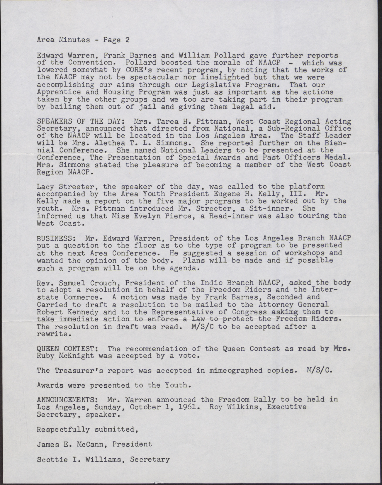 Minutes of the NAACP Third Quarterly Area Meeting of the Southern Area Conference (2 pages), August 19, 1961, page 2
