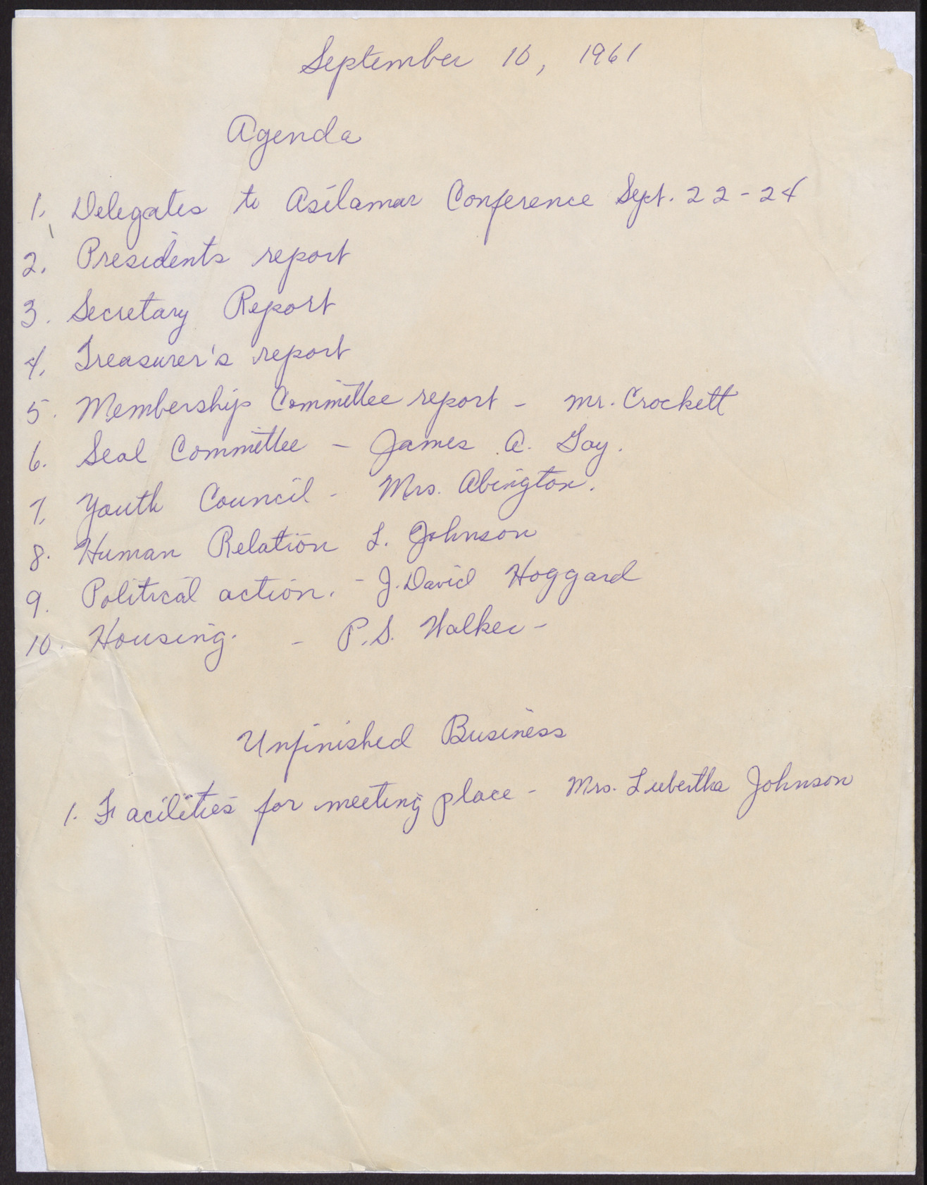 Meeting agenda for September 10, 1961