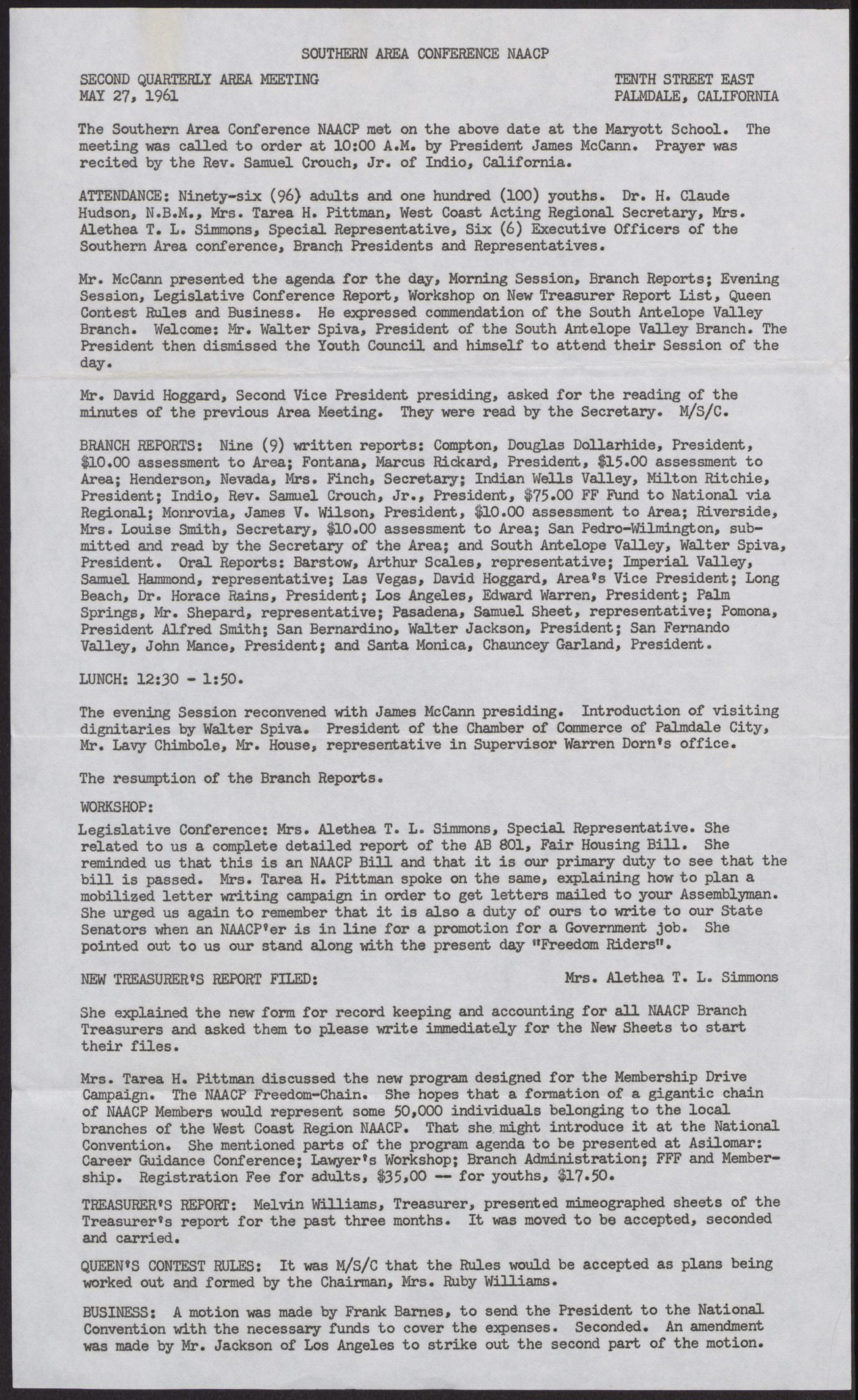 Minutes of the NAACP Second Quarterly Area Meeting of the Southern Area Conference (2 pages), May 27, 1961