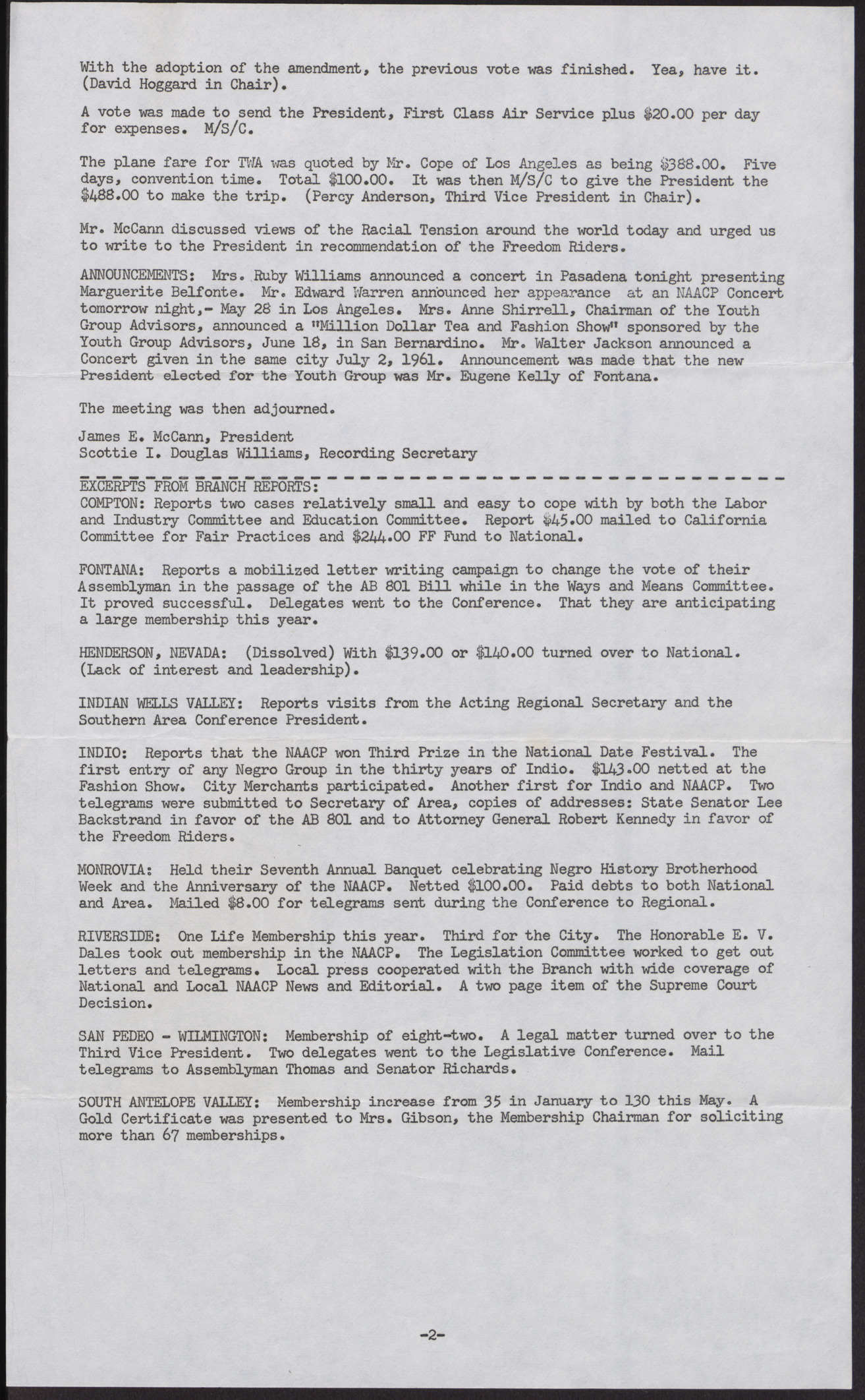 Minutes of the NAACP Second Quarterly Area Meeting of the Southern Area Conference (2 pages), May 27, 1961, page 2