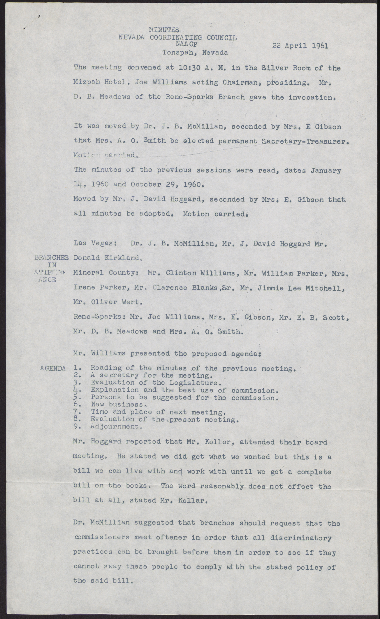Minutes from the NAACP Nevada Coordinating Council meeting (3 pages), April 22, 1961