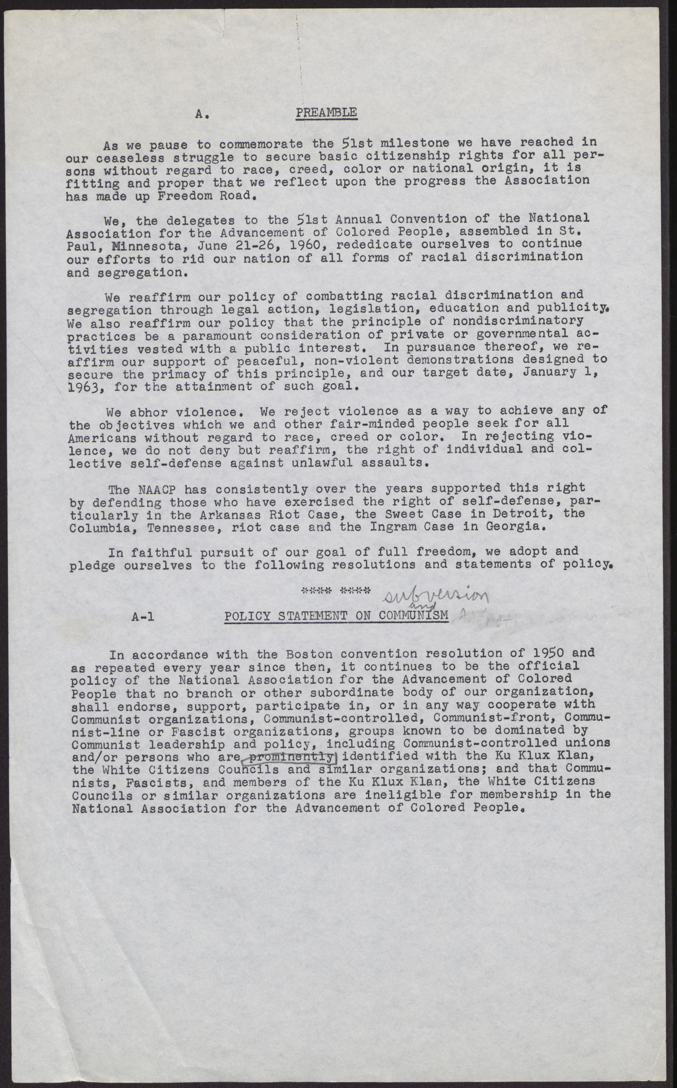 NAACP resolutions and statements of policy (3 pages), June 21-26, 1960