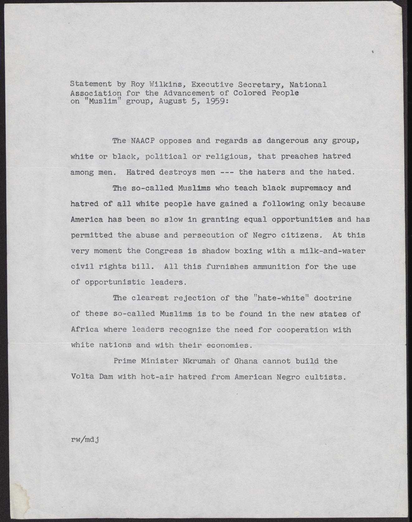 Statement by Roy Wilkins, Executive Secretary, NAACP, on "Muslim" group, August, 1959