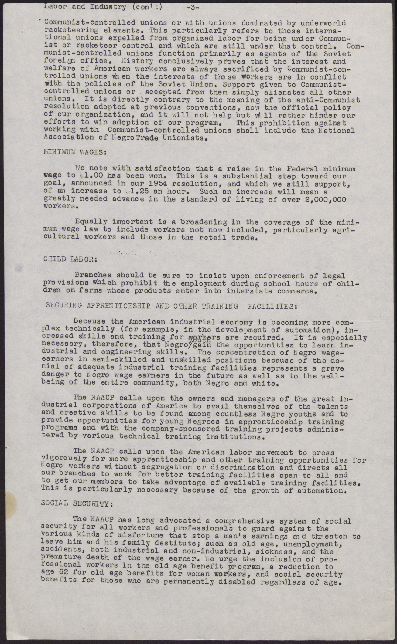 NAACP Labor and Industry policy statements (4 pages), no date, page 3