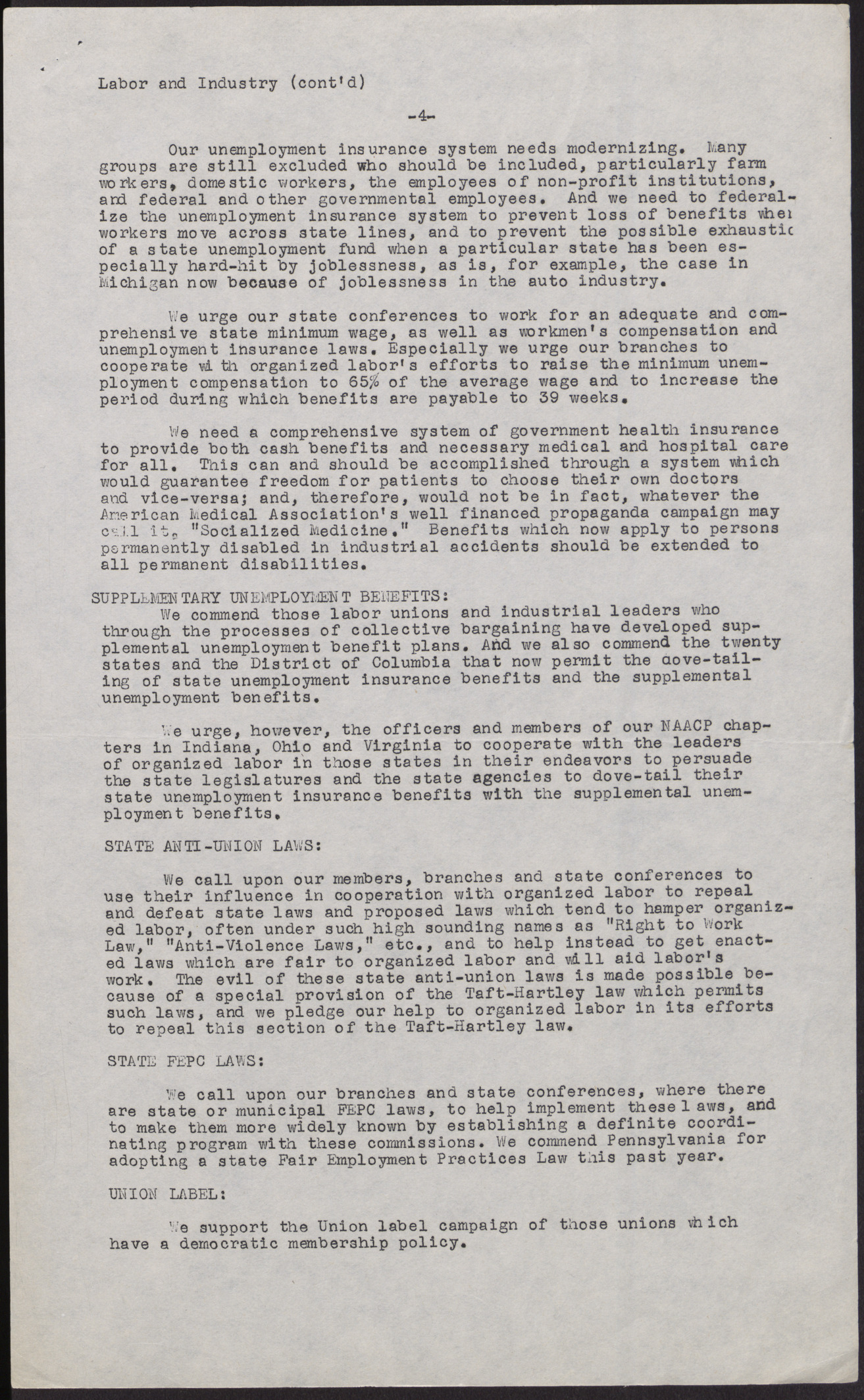 NAACP Labor and Industry policy statements (4 pages), no date, page 4