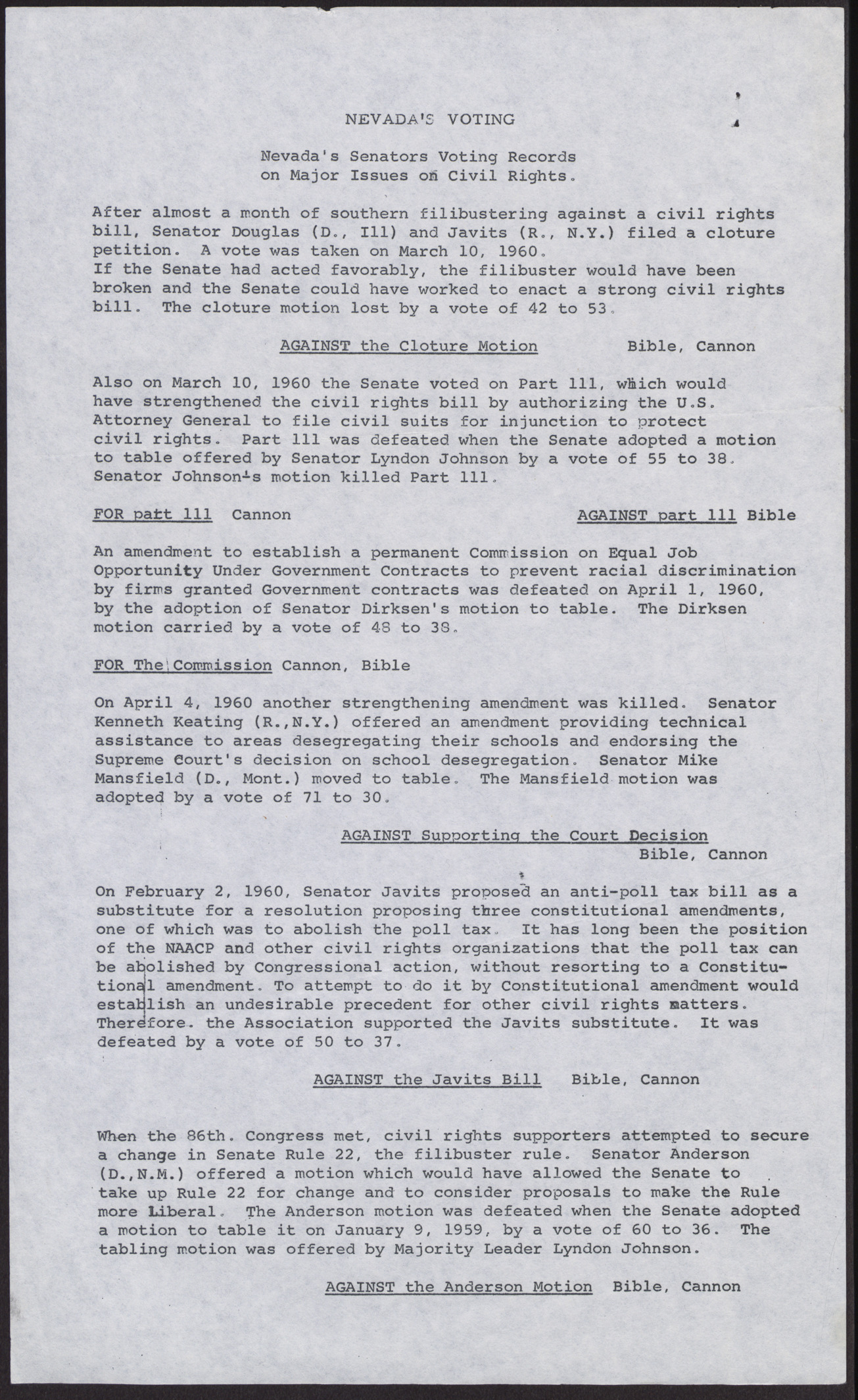 Summary of Nevada's Senators Voting Records on Major Issues on Civil Rights (2 pages) and an NAACP progress report (1 page), June 22, 1960