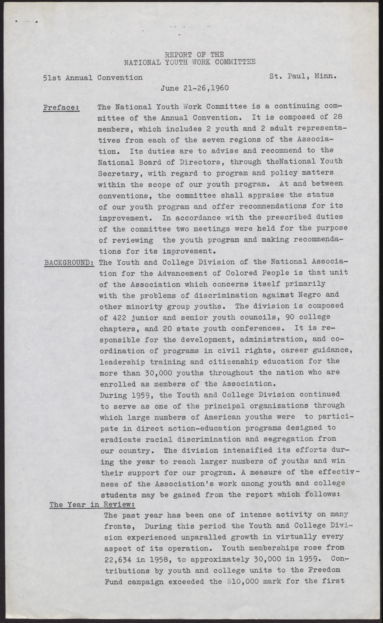 Report of the National Youth Work Committee (3 pages), June 21-26, 1960