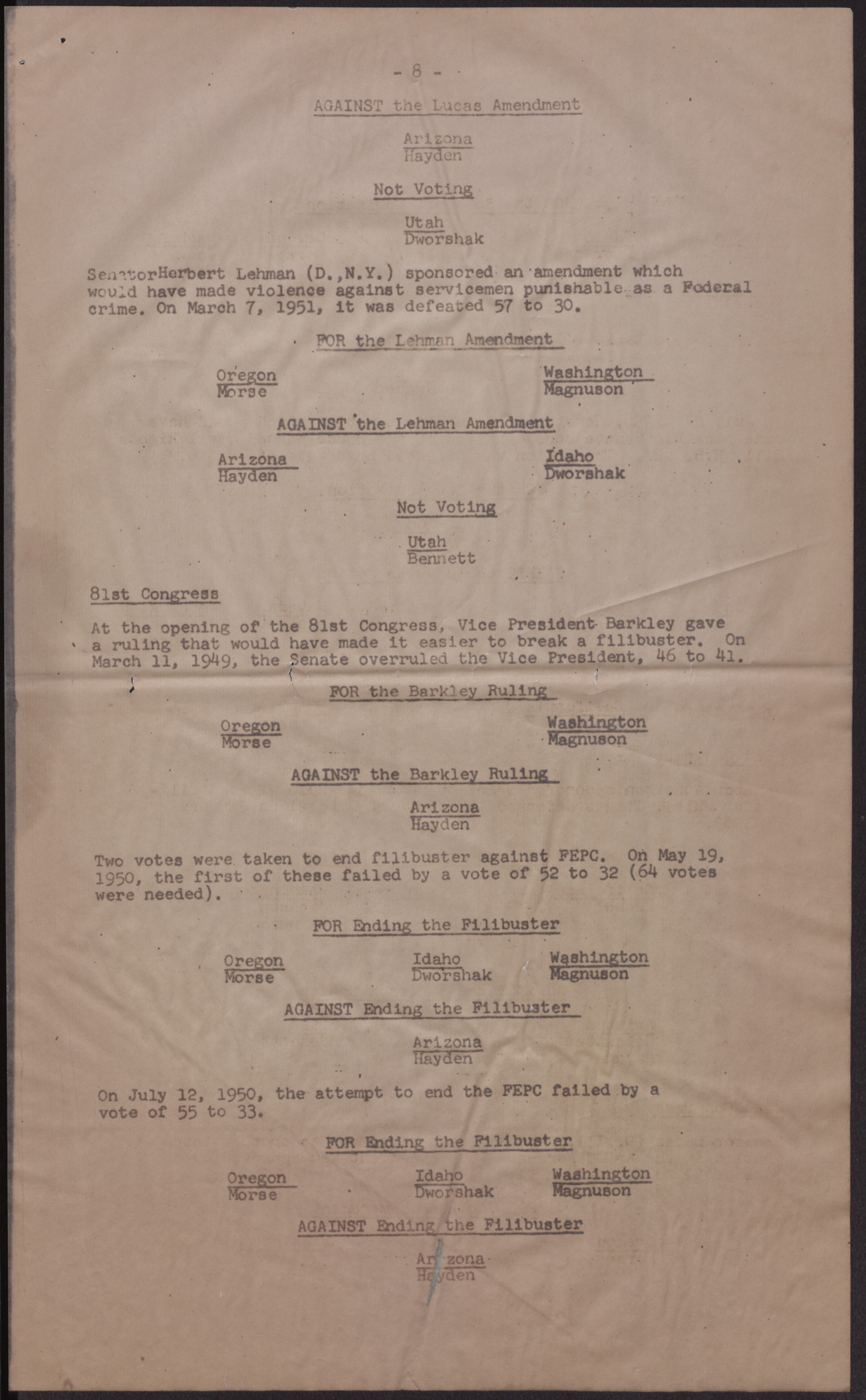 Summary of Voting Records of Senators from States in NAACP Region I (10 pages), August 1960, page 8