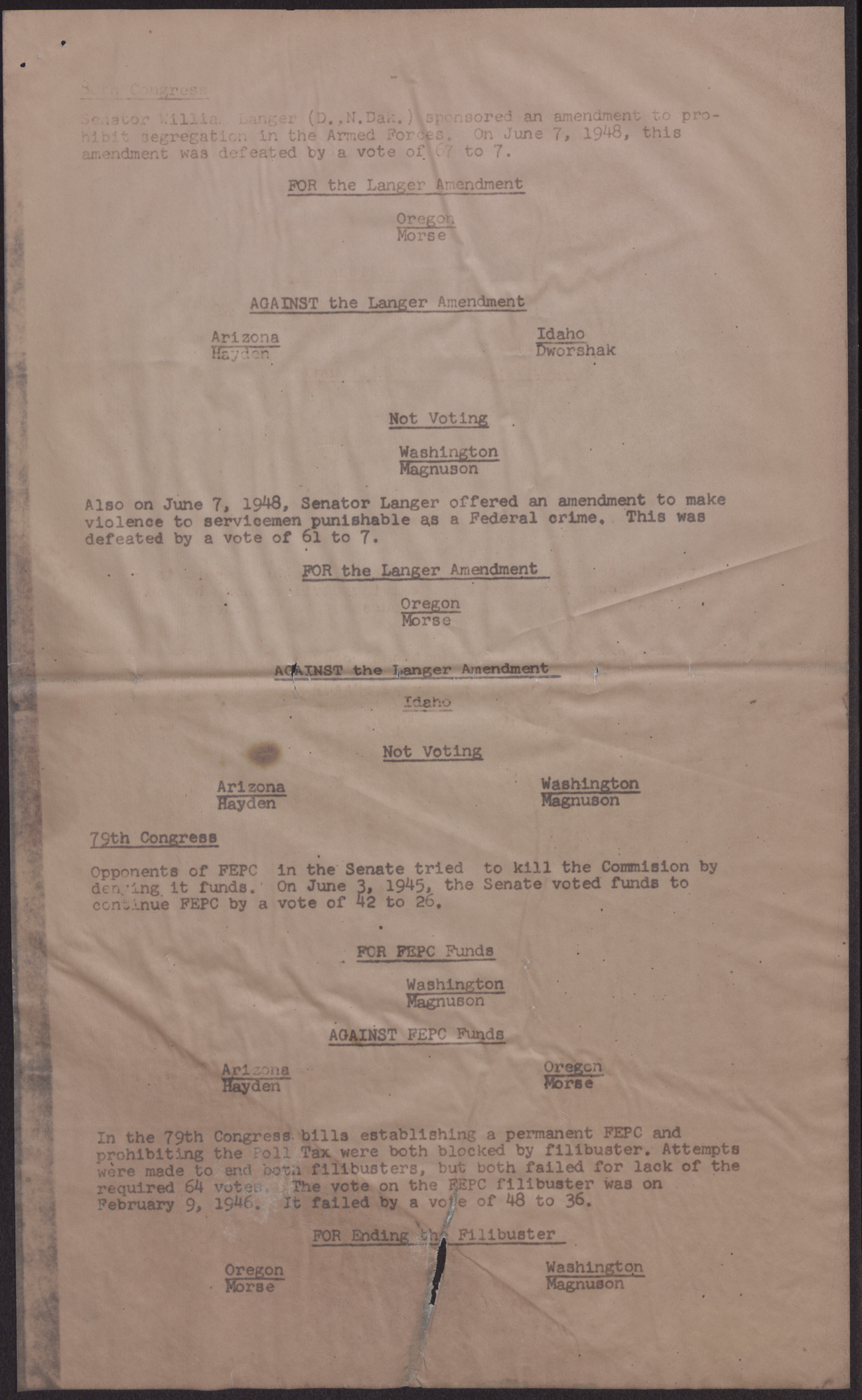 Summary of Voting Records of Senators from States in NAACP Region I (10 pages), August 1960, page 9