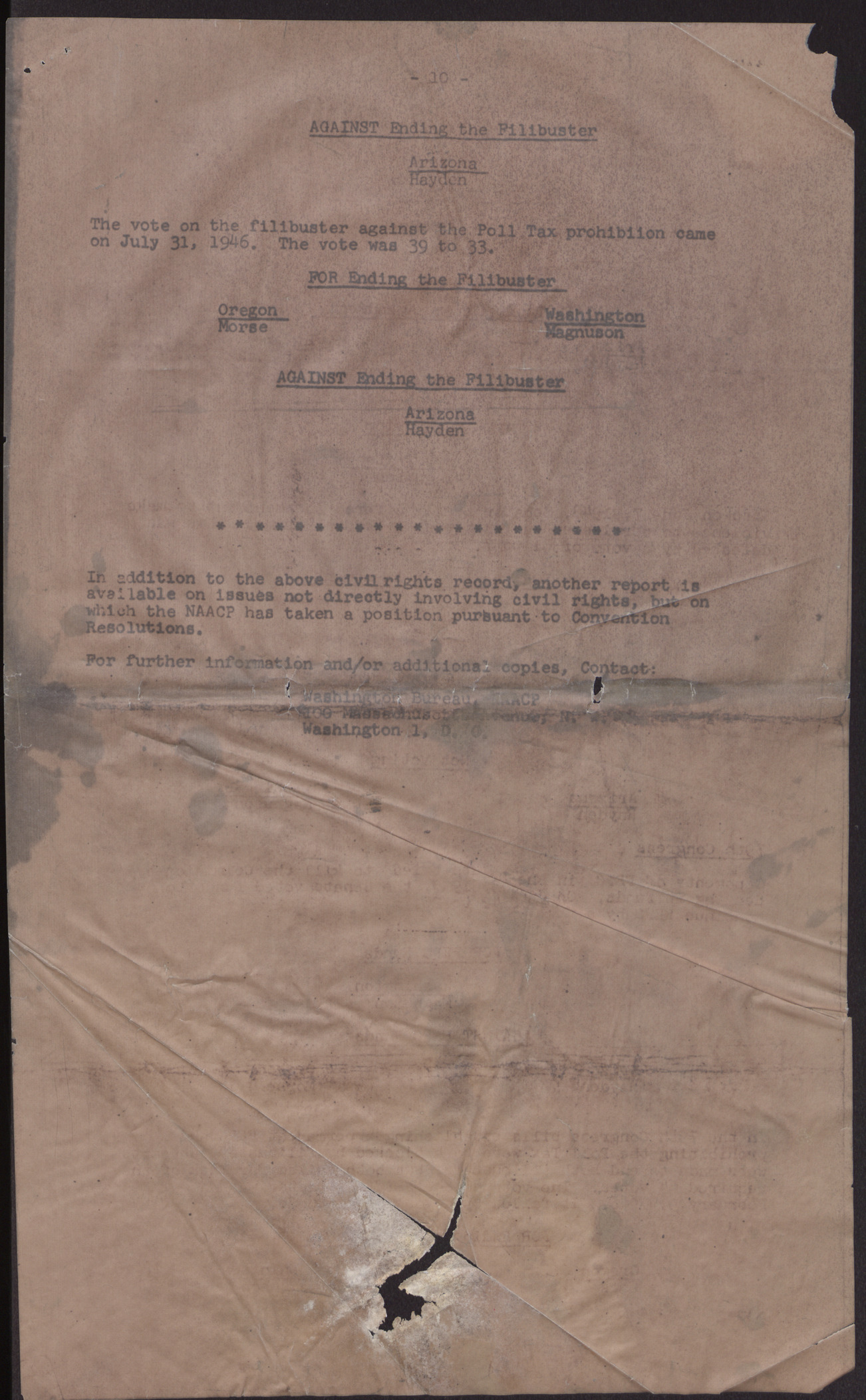 Summary of Voting Records of Senators from States in NAACP Region I (10 pages), August 1960, page 10