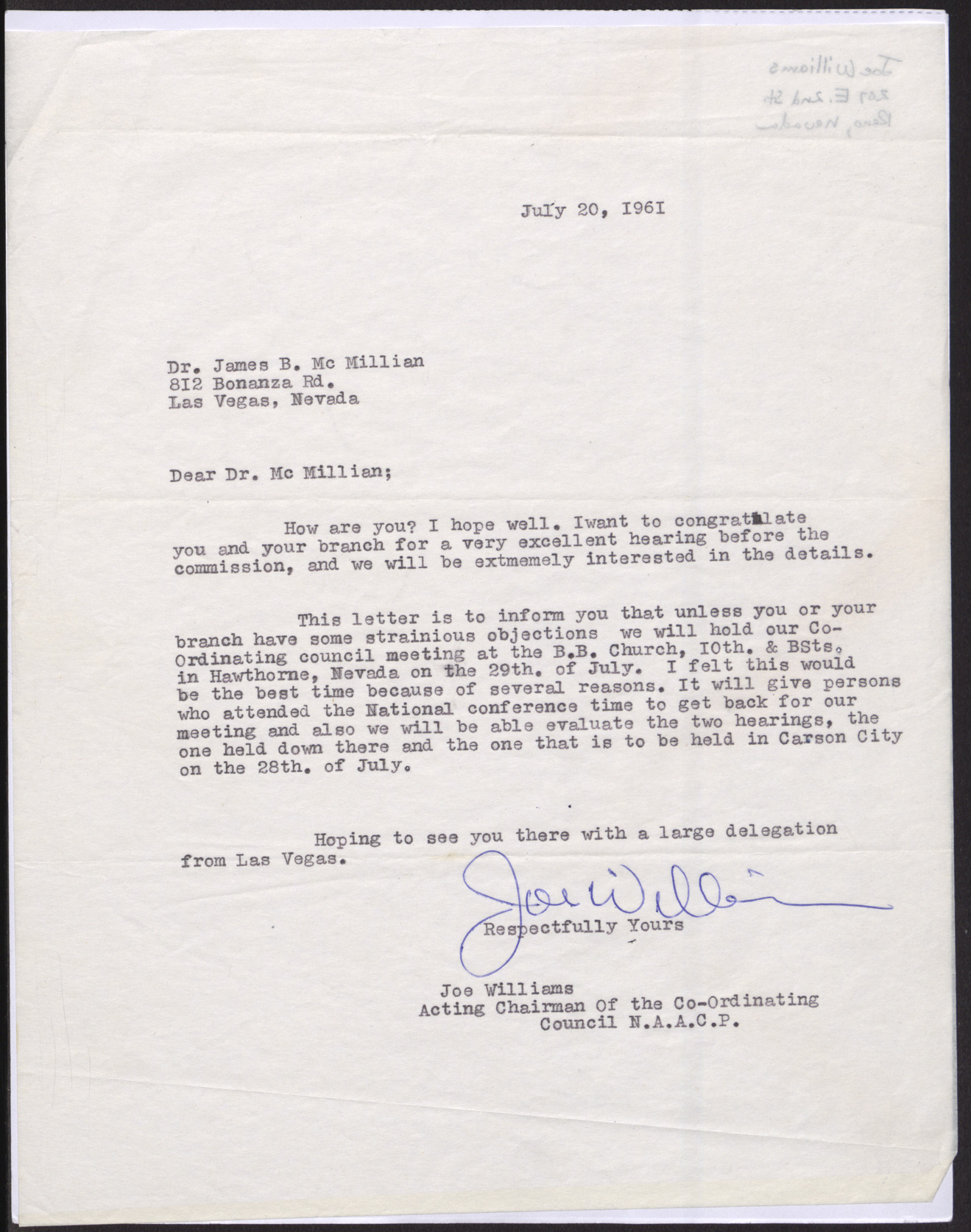 Letter to Dr. James B. McMillan from Joe Williams, July 20, 1961