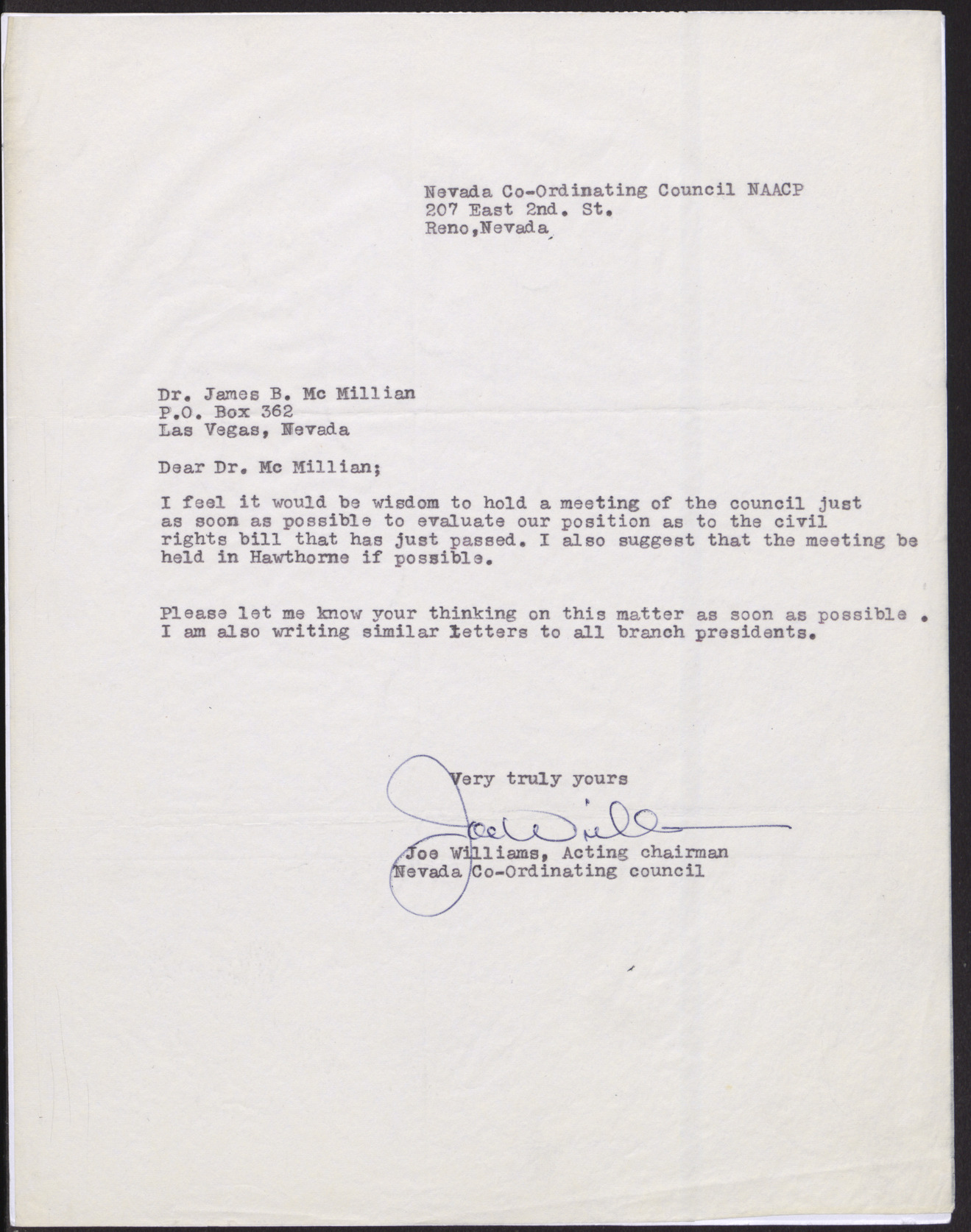 Letter to Dr. James B. McMillan from Joe Williams, no date