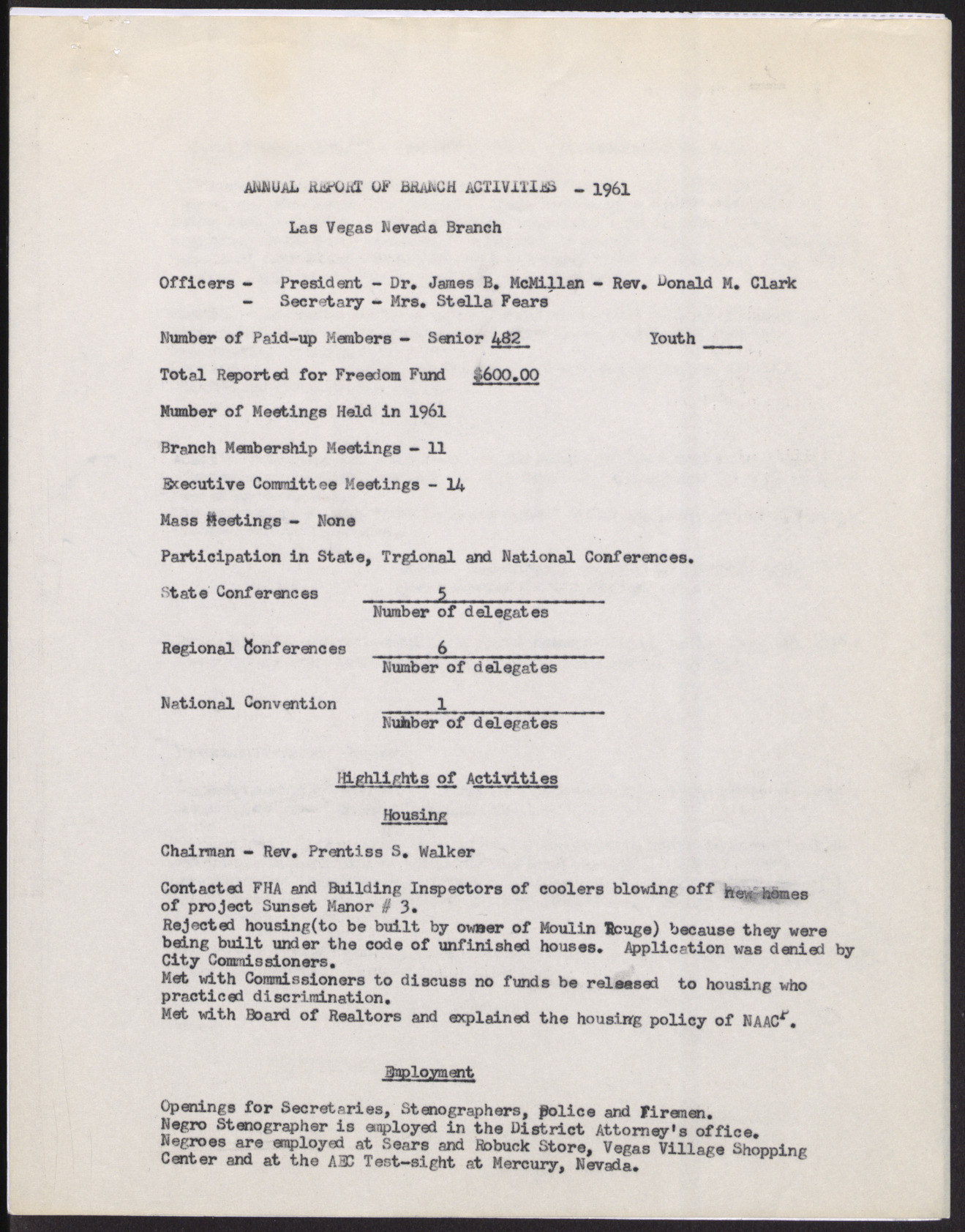 Annual report of Las Vegas NAACP branch activities (2 pages), 1961