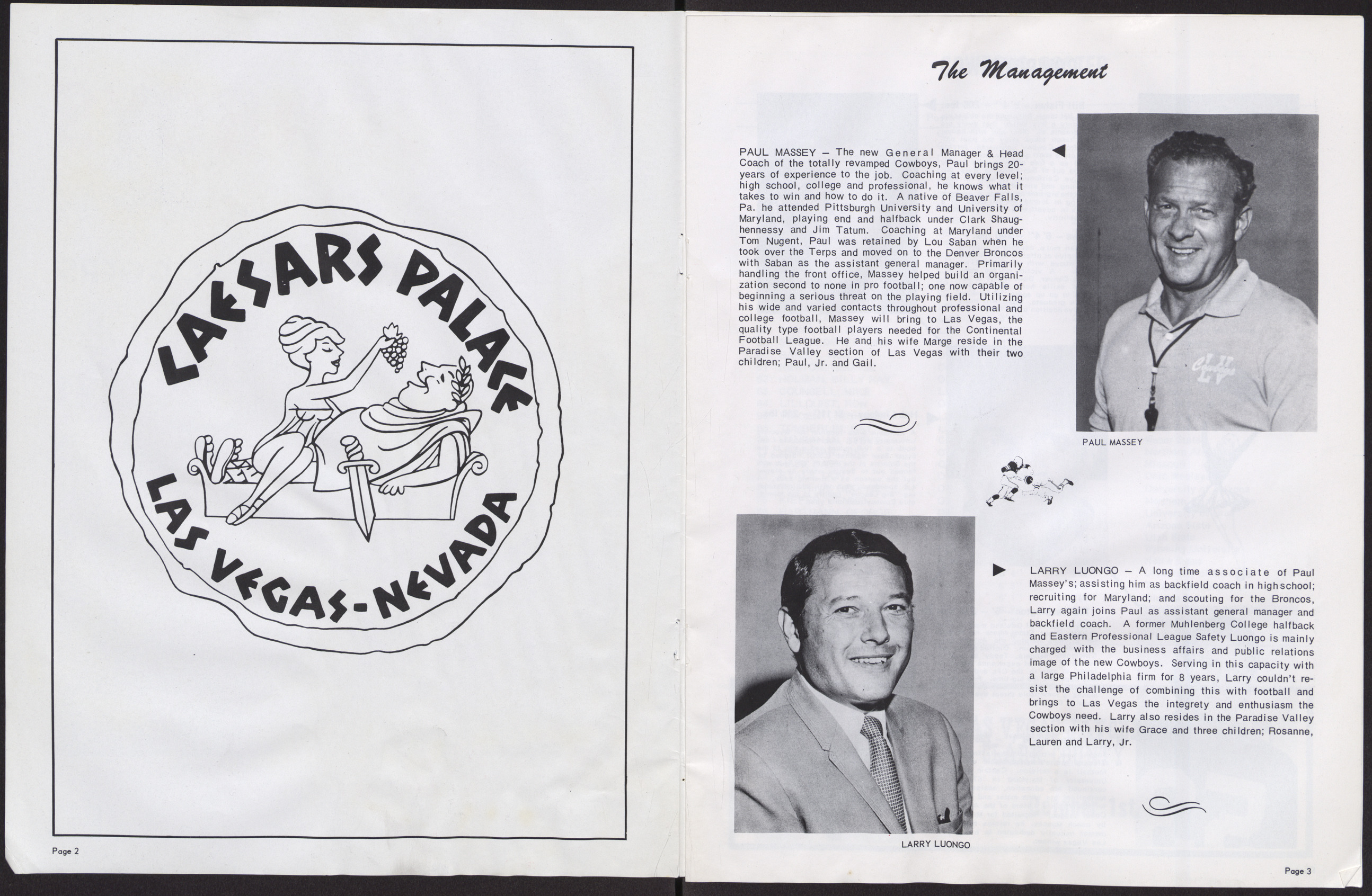 Official Program for the Las Vegas Cowboys vs. Portland Loggers football game, August 9, 1969, page 2-3