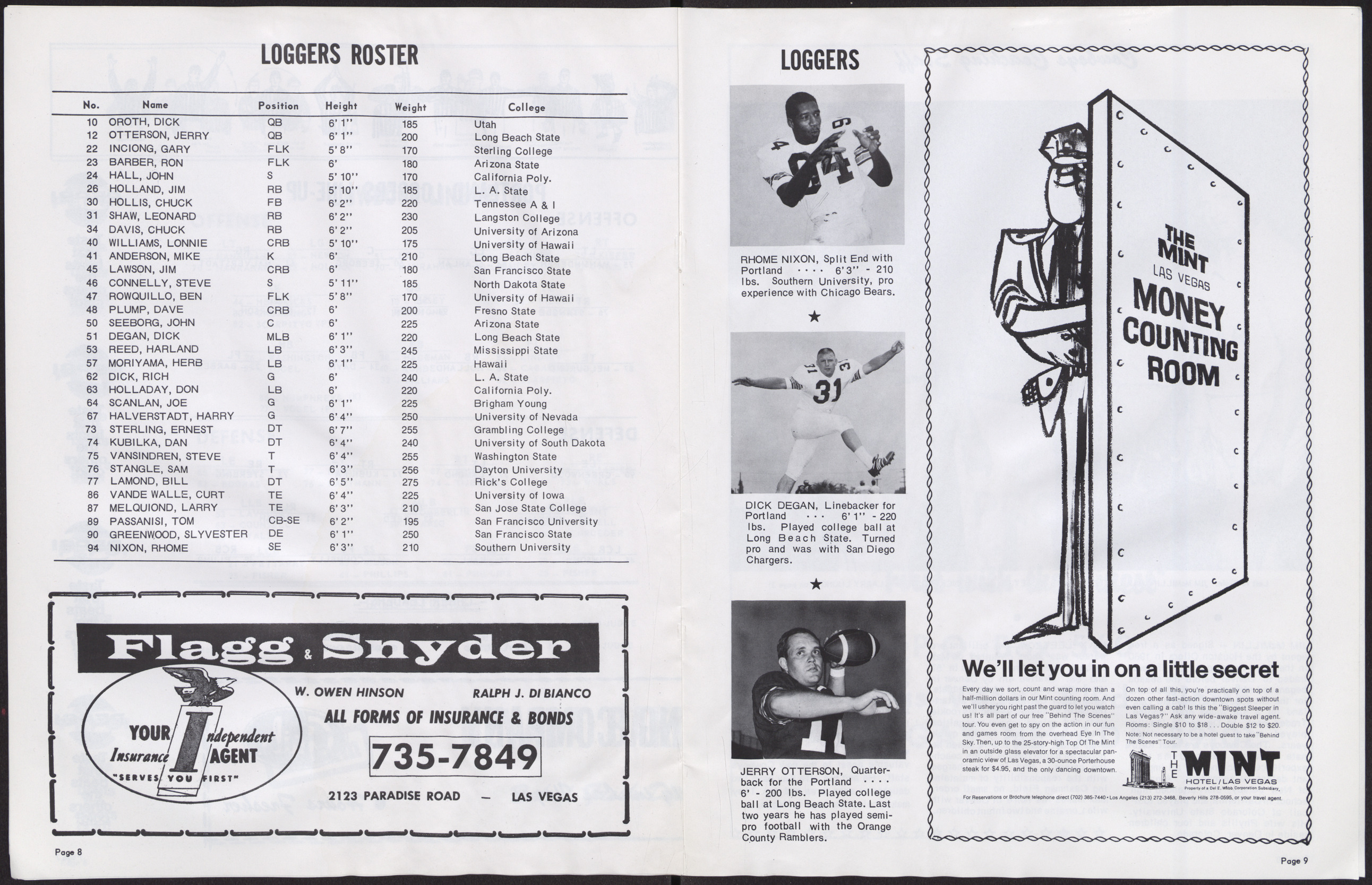 Official Program for the Las Vegas Cowboys vs. Portland Loggers football game (12 pages), August 9, 1969, page 8-9