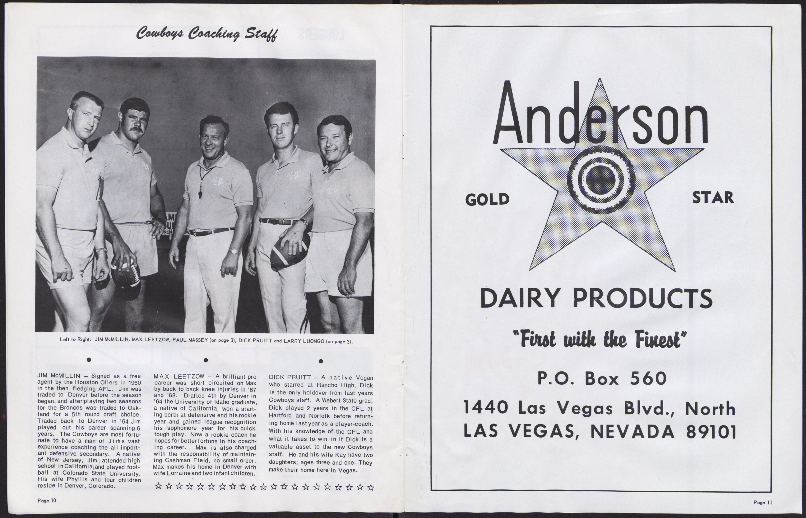 Official Program for the Las Vegas Cowboys vs. Portland Loggers football game (12 pages), August 9, 1969, page 10-11