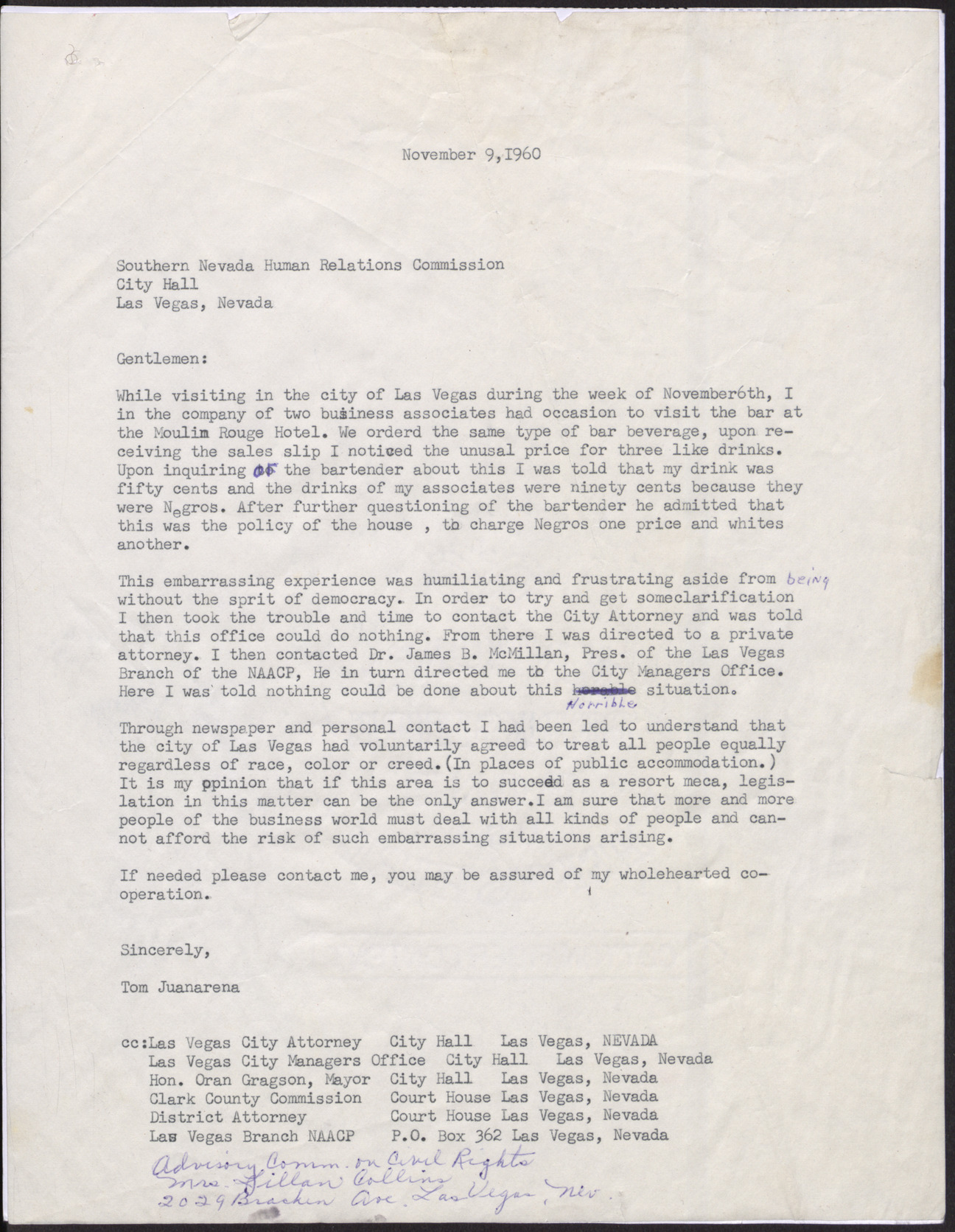 Letter to the Southern Nevada Human Relations Commission from Tom Juanarena, November 9, 1960