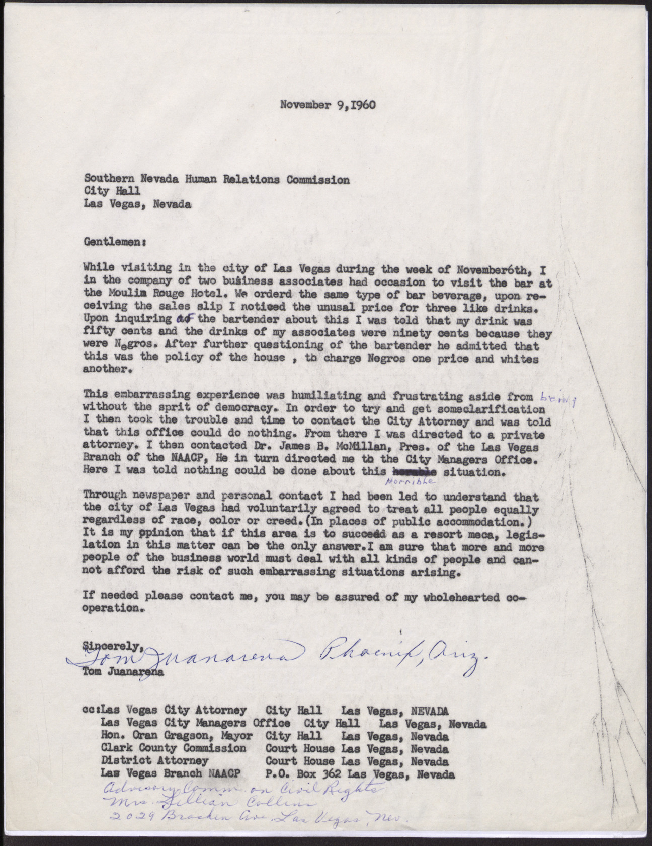 Letter to the Southern Nevada Human Relations Commission from Tom Juanarena, November 9, 1960