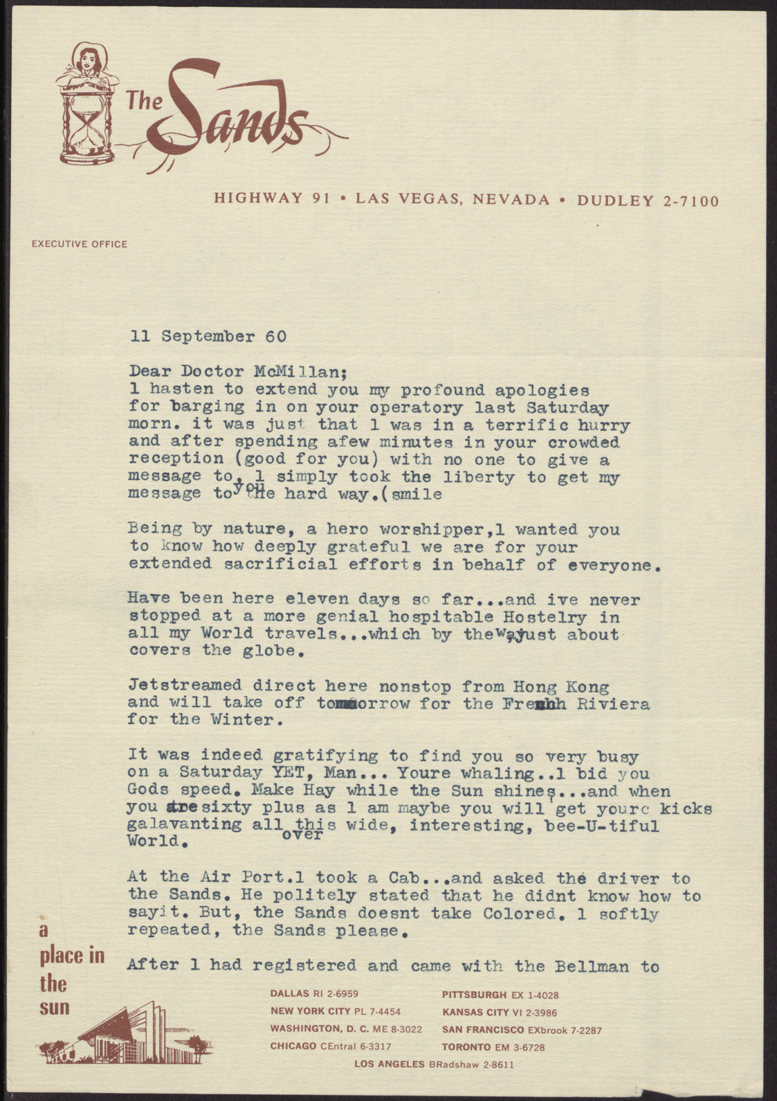 Letter to Dr. McMillan from Dr. C.W. Hill (2 pages), September 11, 1960