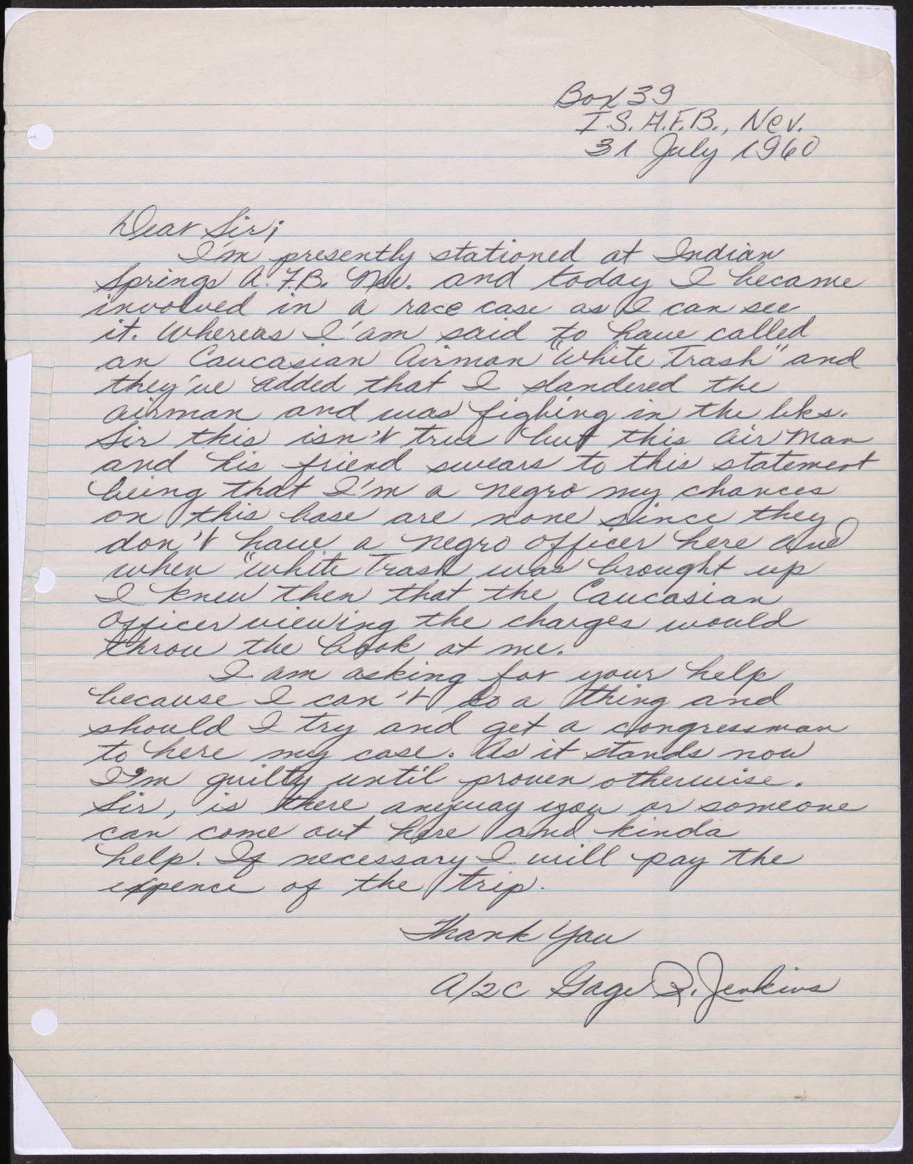 Letter to and unknown "sir" from [Gage R. ?] Jenkins, July 3, 1960