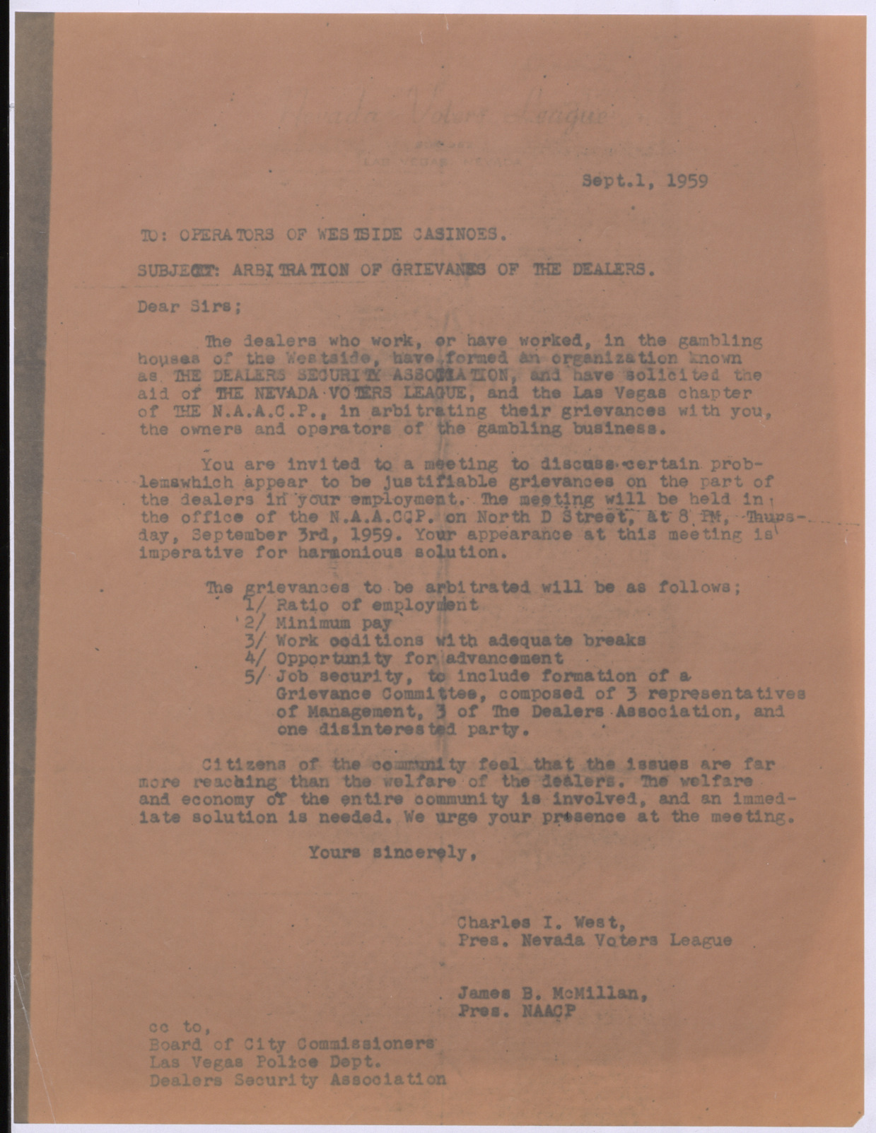 Letter to operators of Westside casinos from Charles I. West and James B. McMillan, September 1, 1959