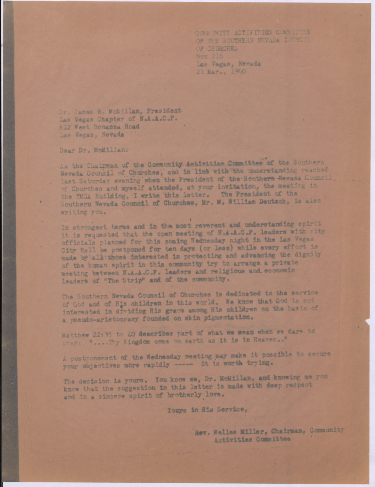 Letter to James B. McMillan from Rev. Welles Miller, March 21, 1960