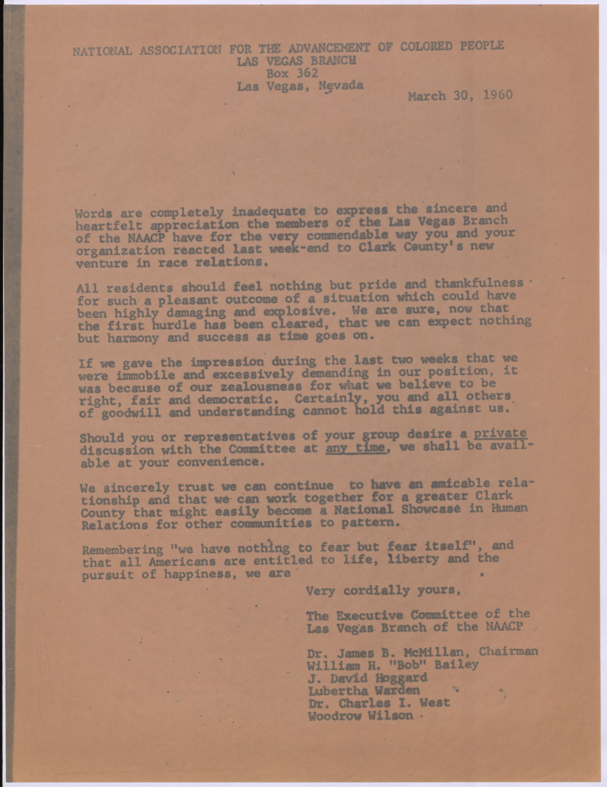 Letter from the Executive Committee of the Las Vegas Branch of the NAACP to an unknown party, March 30, 1960