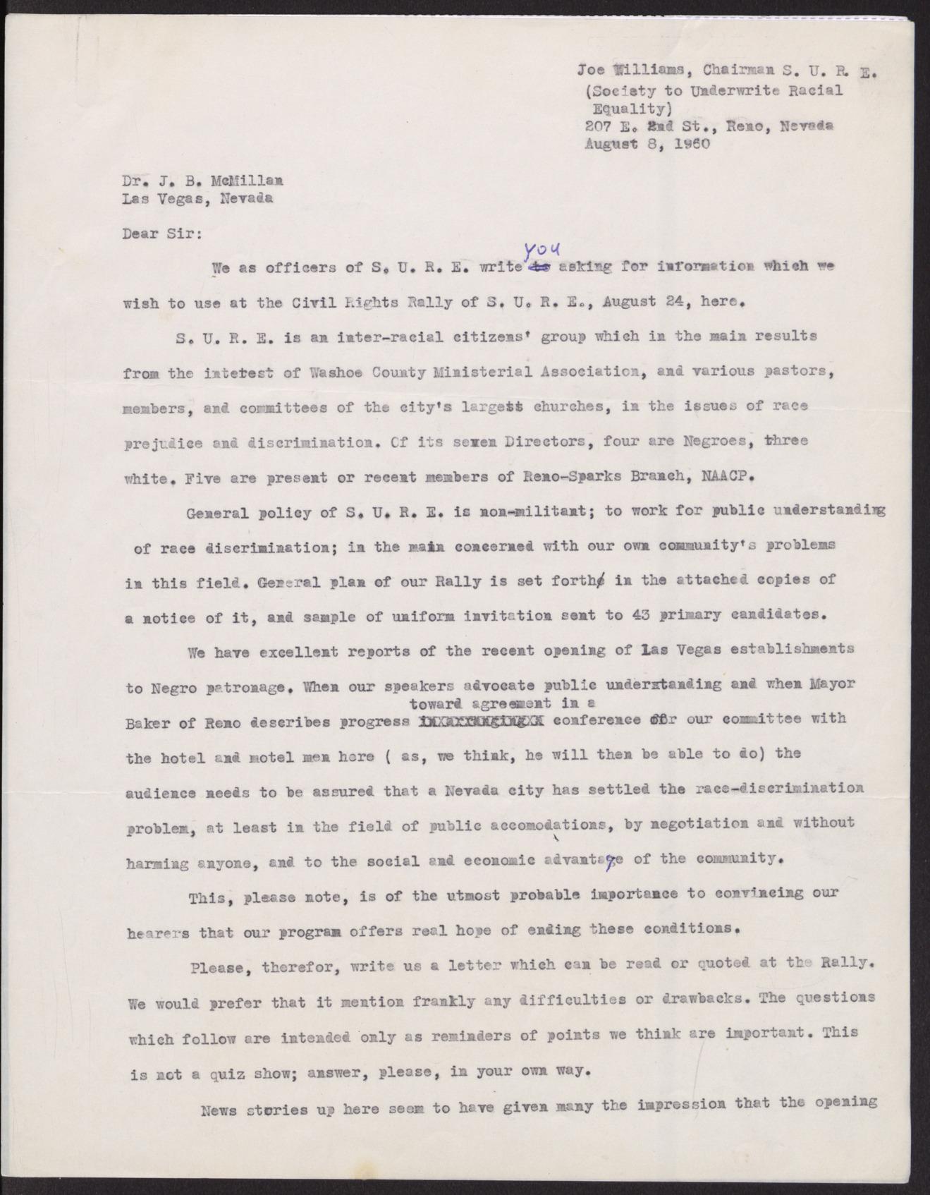 Letter to Dr. J. B. McMillan from R. G. Benedict and Joe Williams (2 pages) August 8, 1960