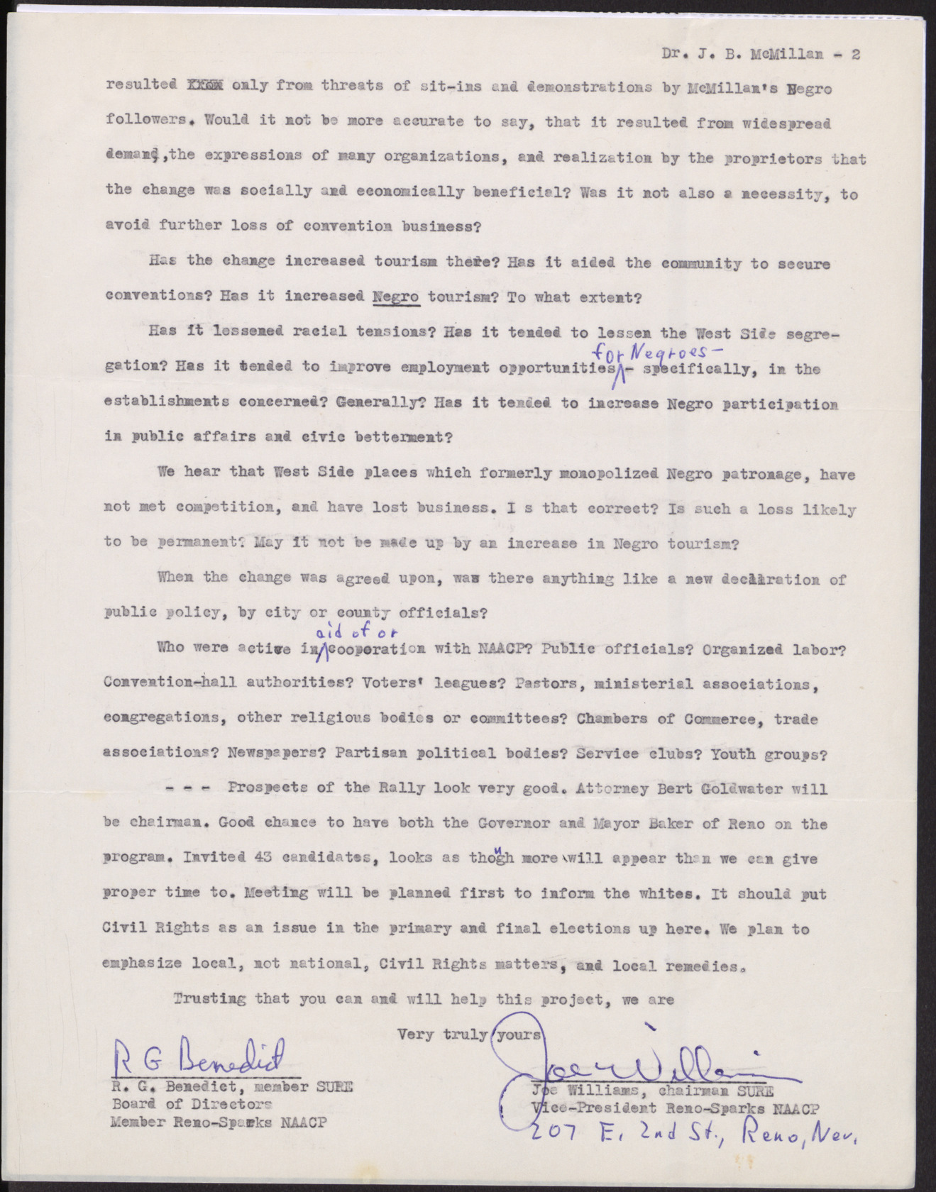 Letter to Dr. J. B. McMillan from R. G. Benedict and Joe Williams (2 pages) August 8, 1960, Page 2