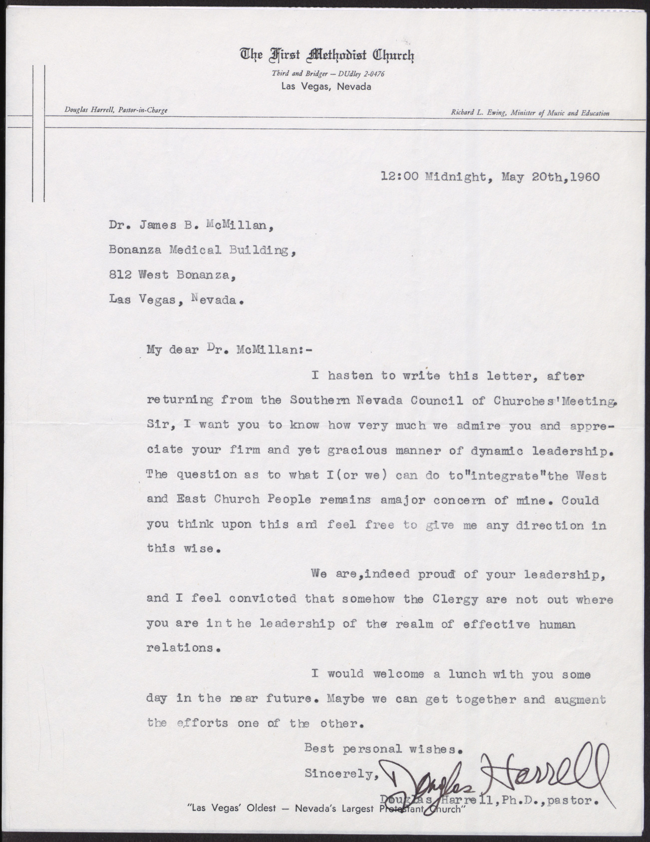 Letter to Dr. James B. McMillan from Douglas Harrell, May 20, 1960