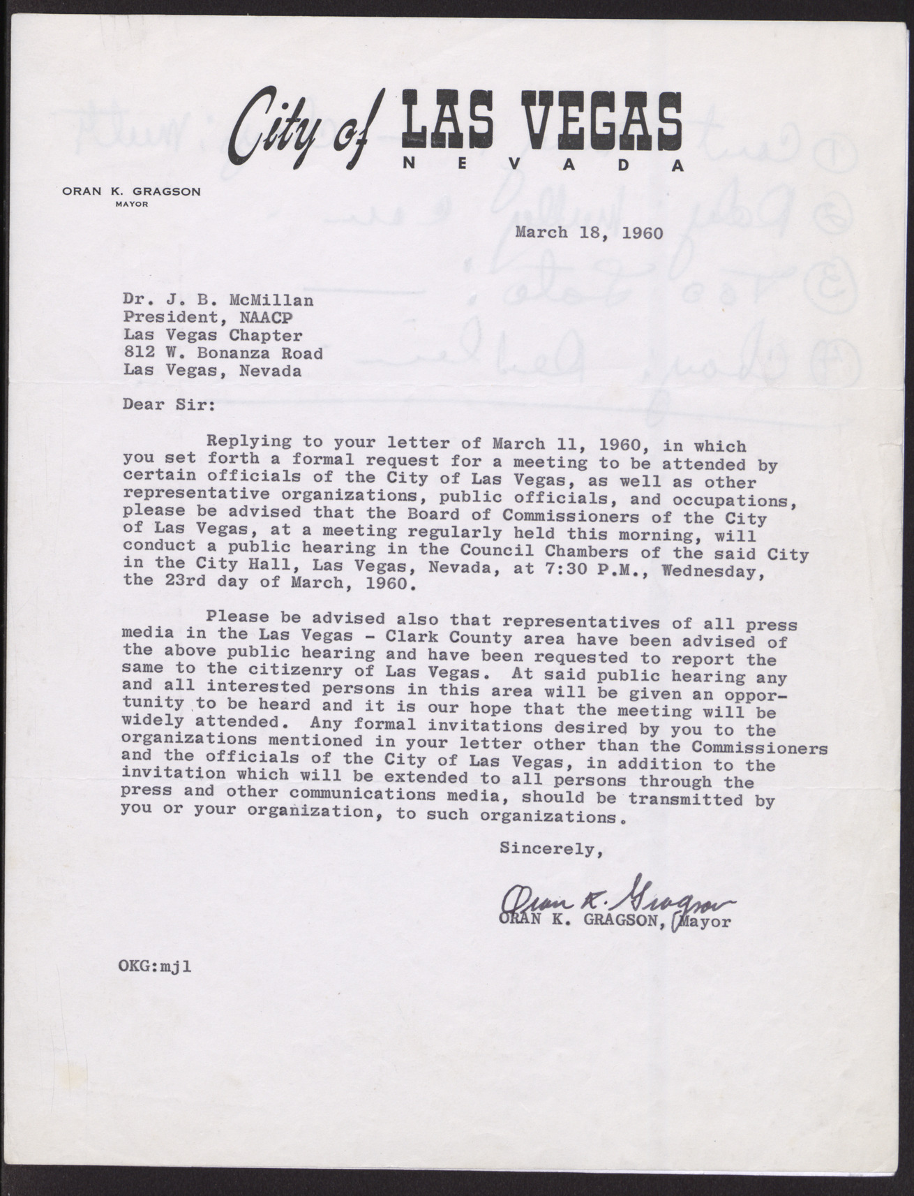Letter to Dr. J. B. McMillan from Oran K. Gragson, March 18, 1960