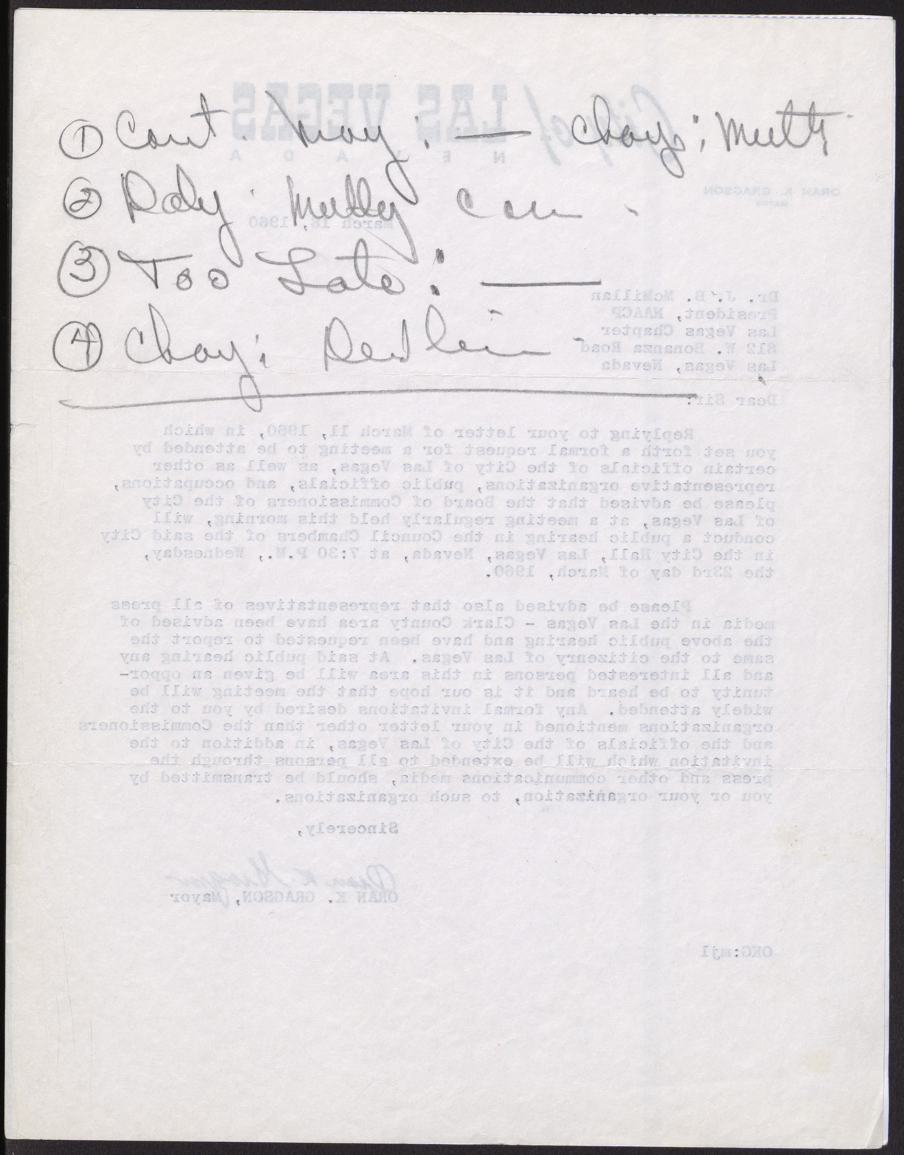Letter to Dr. J. B. McMillan from Oran K. Gragson, March 18, 1960, page 2