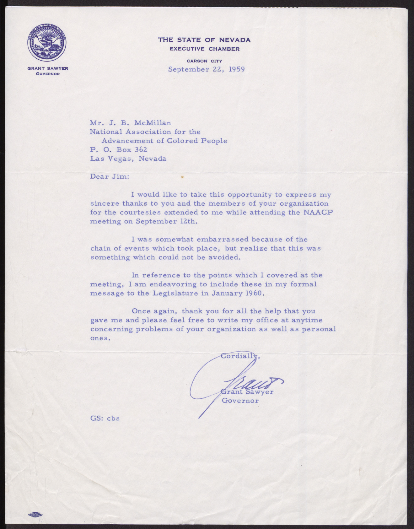Letter to J. B. McMillan from Grant Sawyer, September 22, 1959