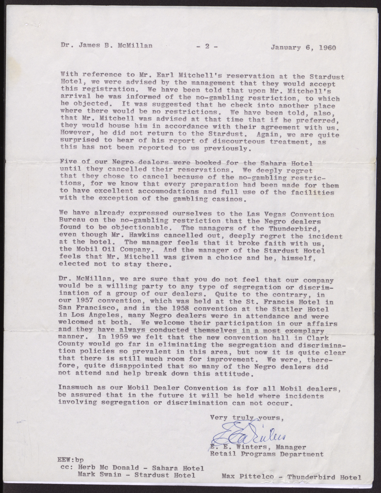 Letter to James B. McMillan from E. E. Winters, January 6, 1960, page 2