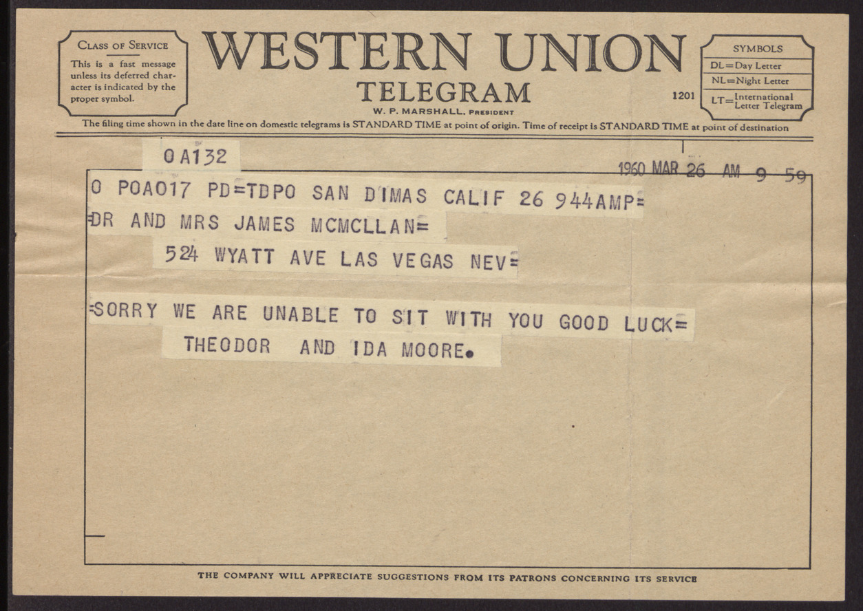 Western Union telegram from Theodor and Ida Moore to Dr. and Mrs. James McMillan, March 26, 1960 (Attached to B01F04It19)