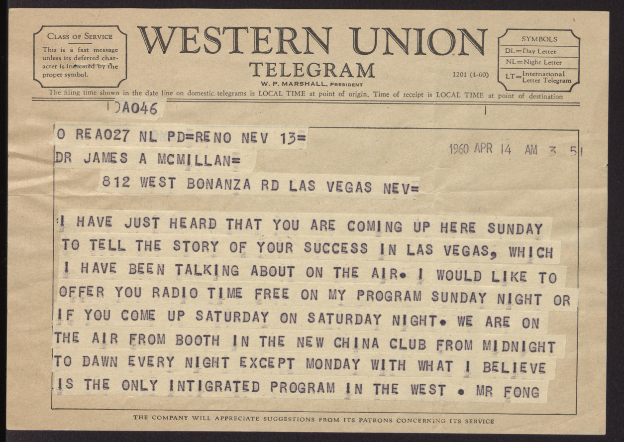 Western Union telegram from [unknown sender] to Dr. James McMillan, April 14, 1960 (Attached to B01F04It18)