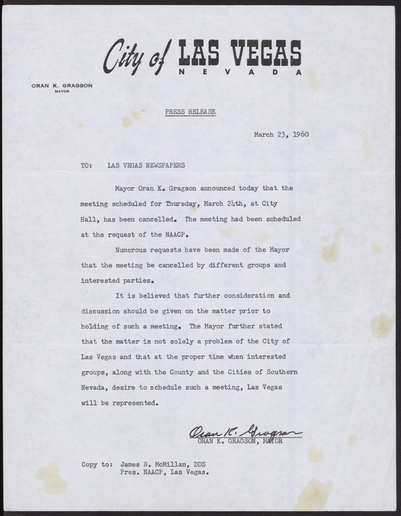Letter to Las Vegas Newspapers from Orkan K. Gragson, Las Vegas Mayor, March 23, 1960