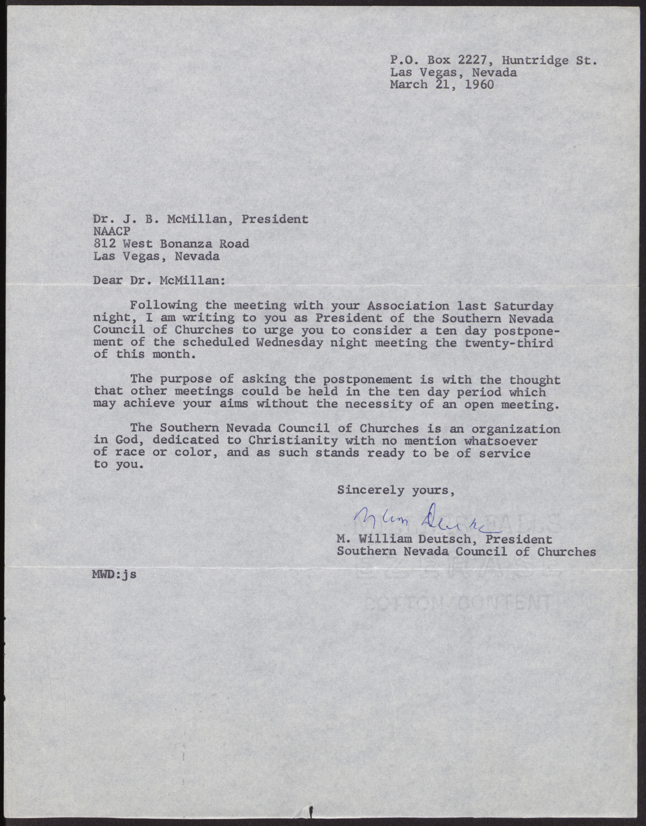 Letter to Dr. J. B. McMillan from M. William Deutsch, March 21, 1960